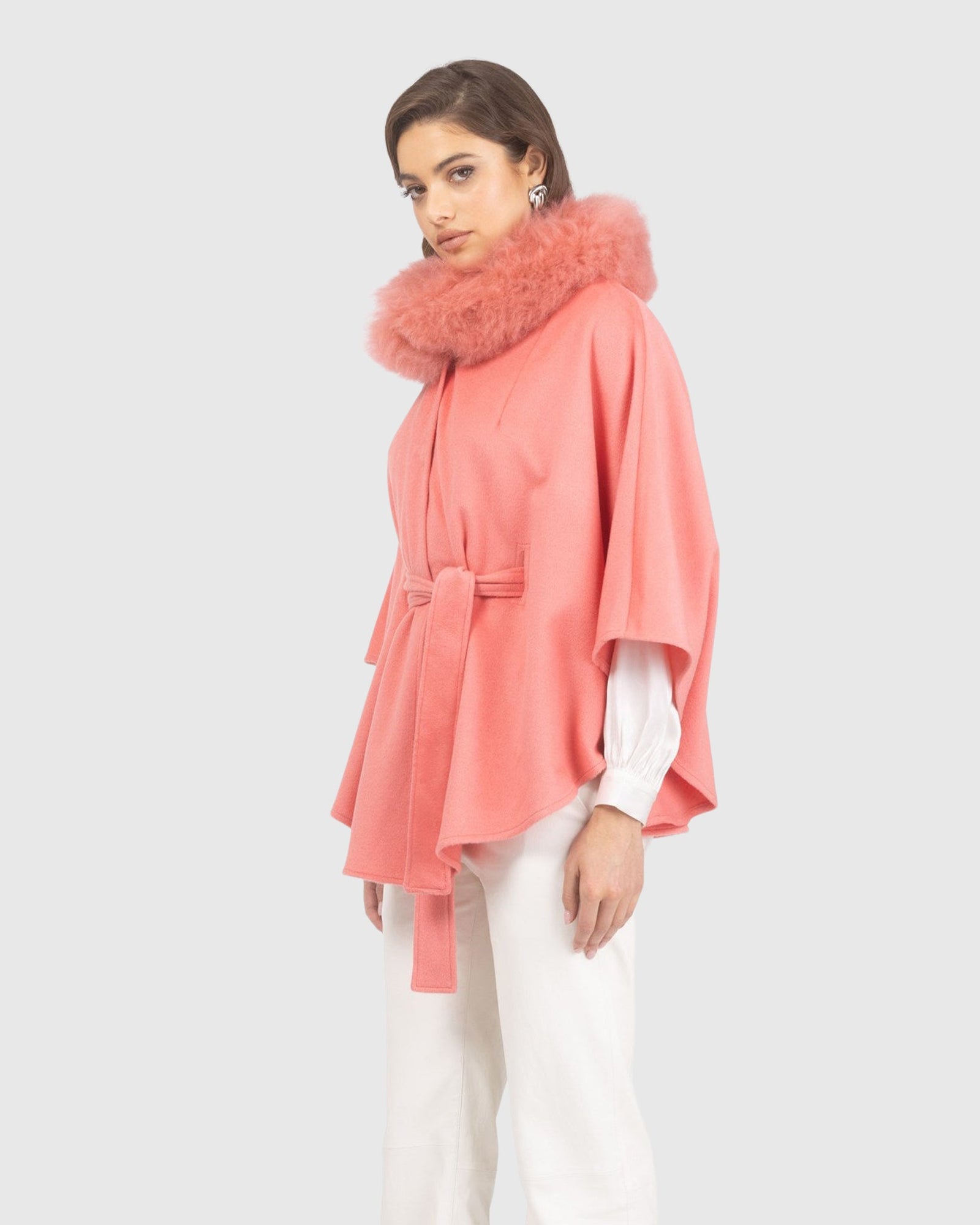 Select Wool Belted Cape with Select Lamb Collar | Coral