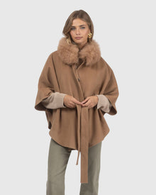 Select Wool Belted Cape with Select Lamb Collar | Camel