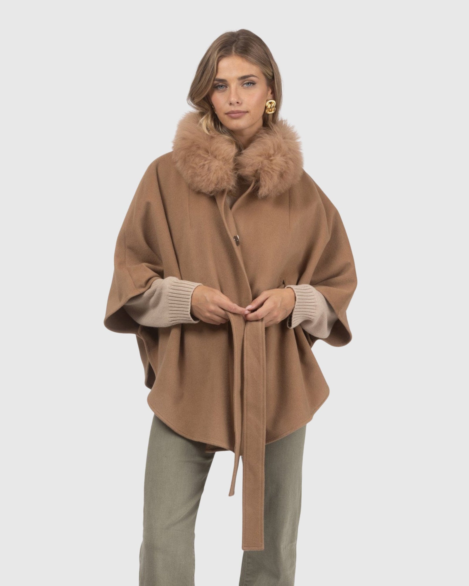 Select Wool Belted Cape with Select Lamb Collar | Camel