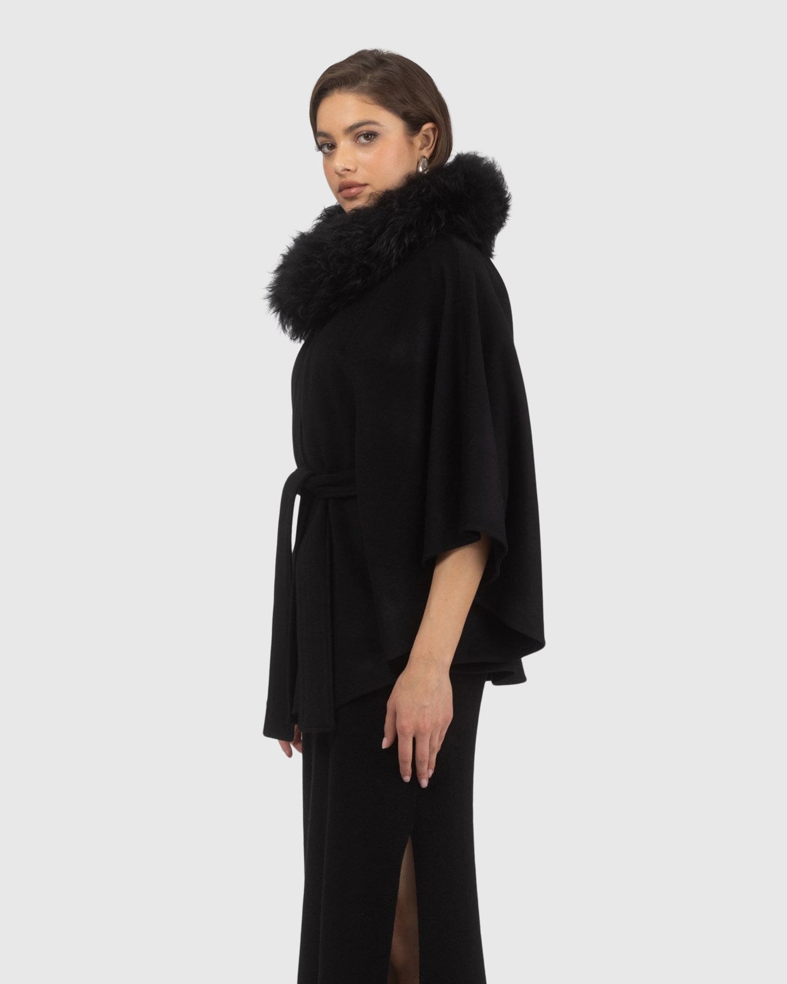 Select Wool Belted Cape with Select Lamb Collar | Black