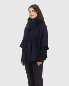 Select Wool Belted Cape with Select Lamb Collar | Navy