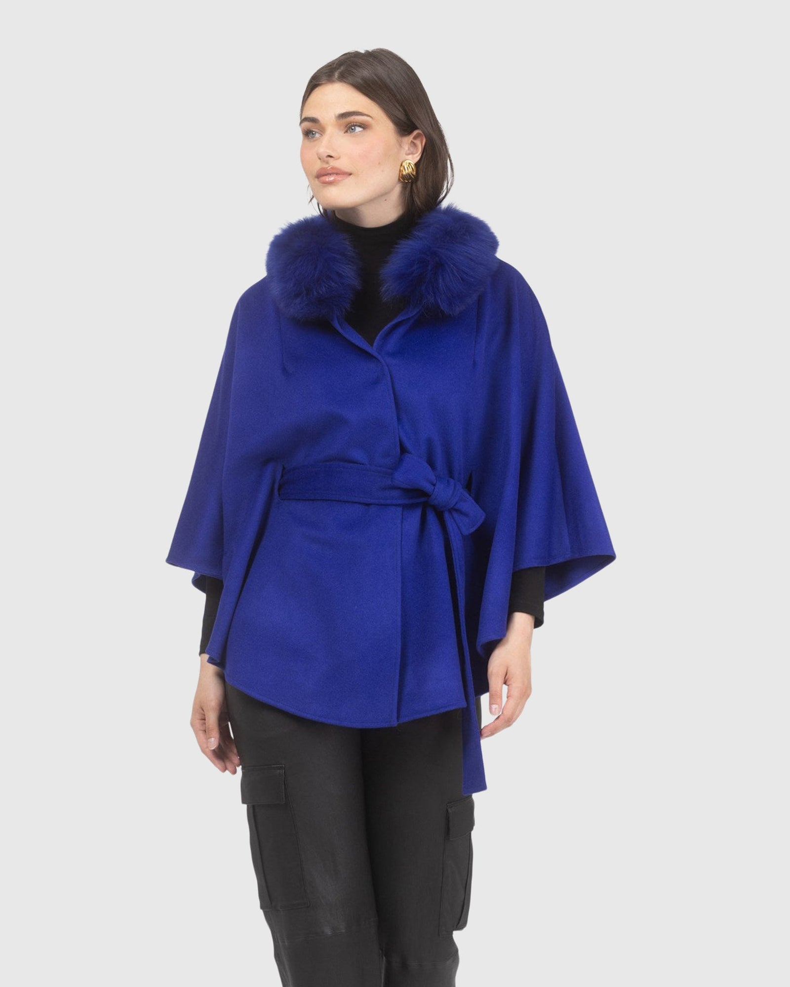 Select Wool Belted Cape with Select Lamb Collar | Cobalt Blue