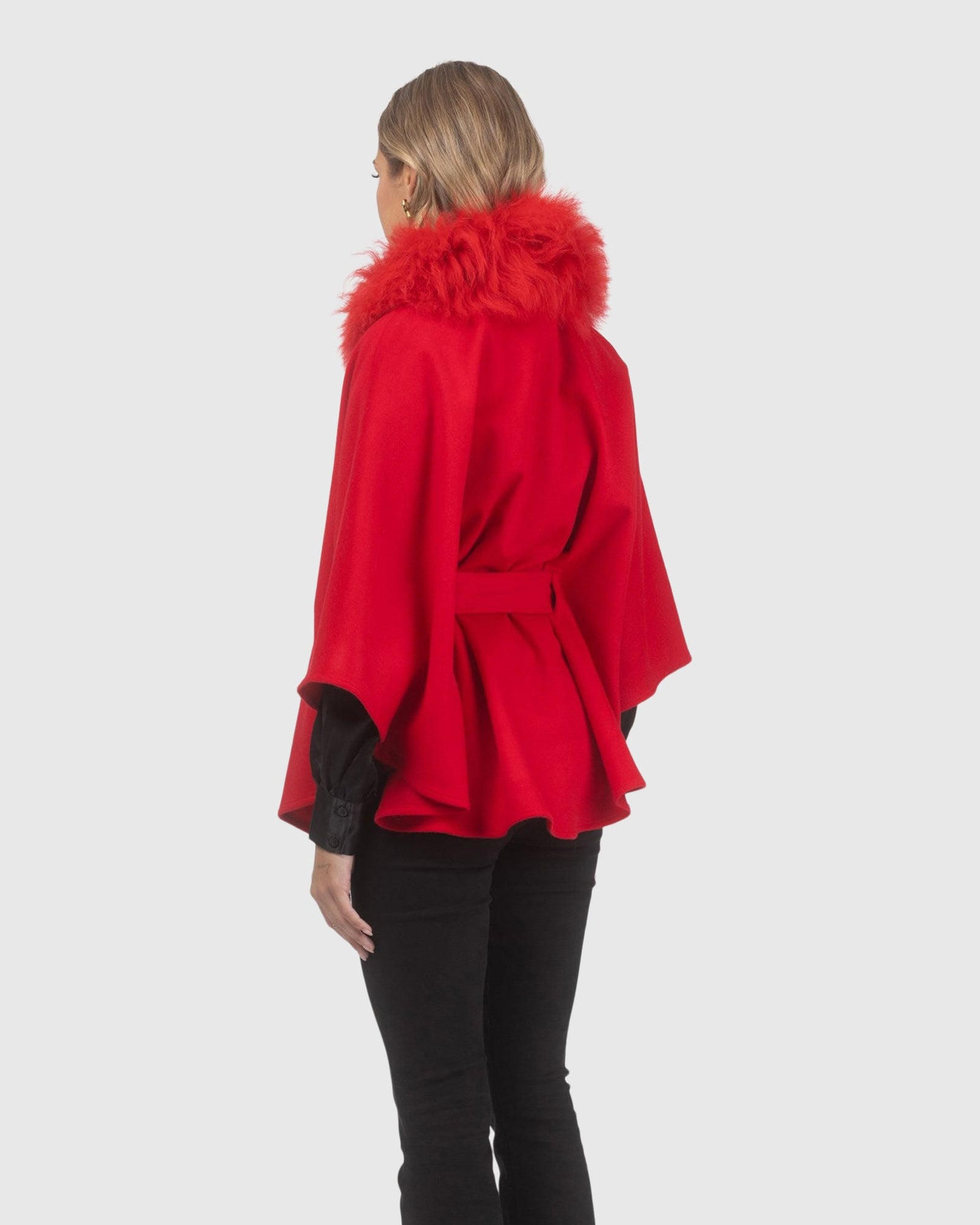 Select Wool Belted Cape with Select Lamb Collar | Red