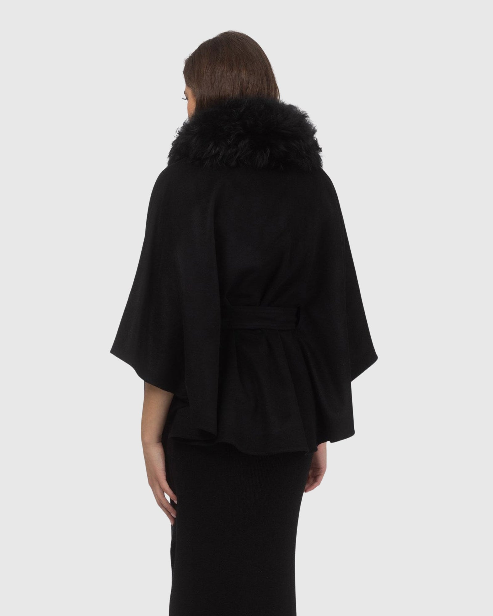 Select Wool Belted Cape with Select Lamb Collar | Black