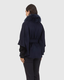 Select Wool Belted Cape with Select Lamb Collar | Navy