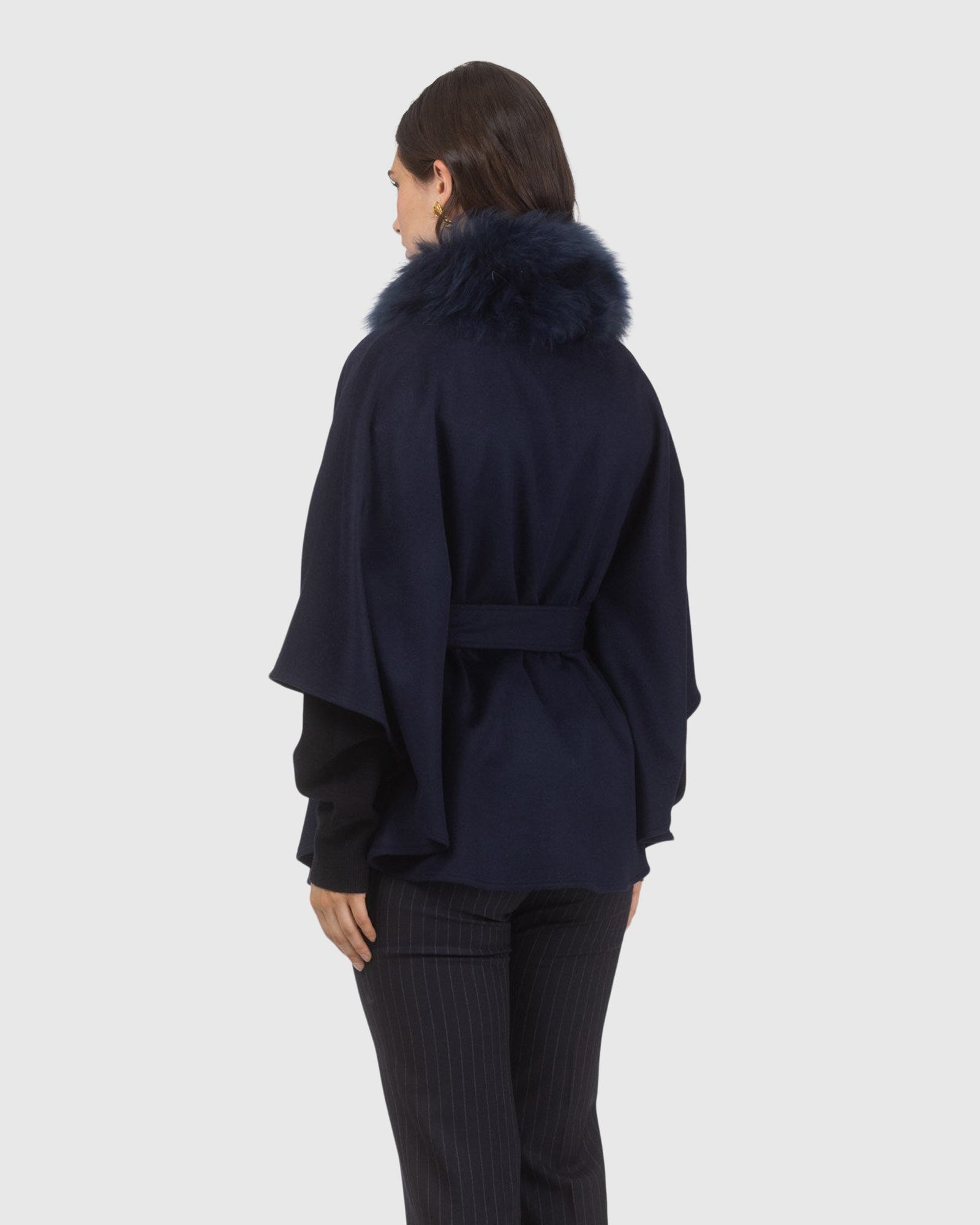 Select Wool Belted Cape with Select Lamb Collar | Navy