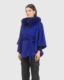 Select Wool Belted Cape with Select Lamb Collar | Cobalt Blue