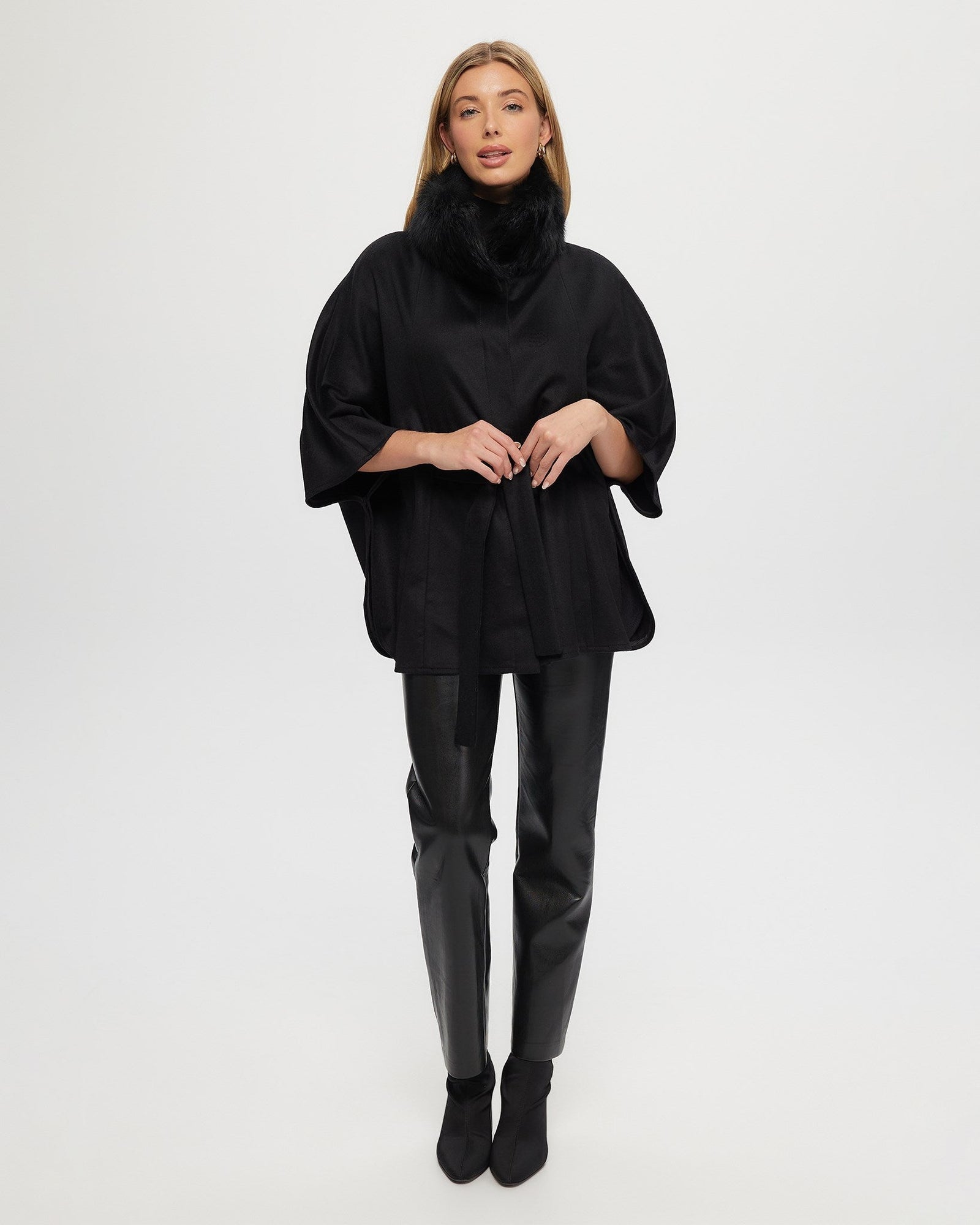 Select Wool Belted Cape with Select Lamb Collar | Black
