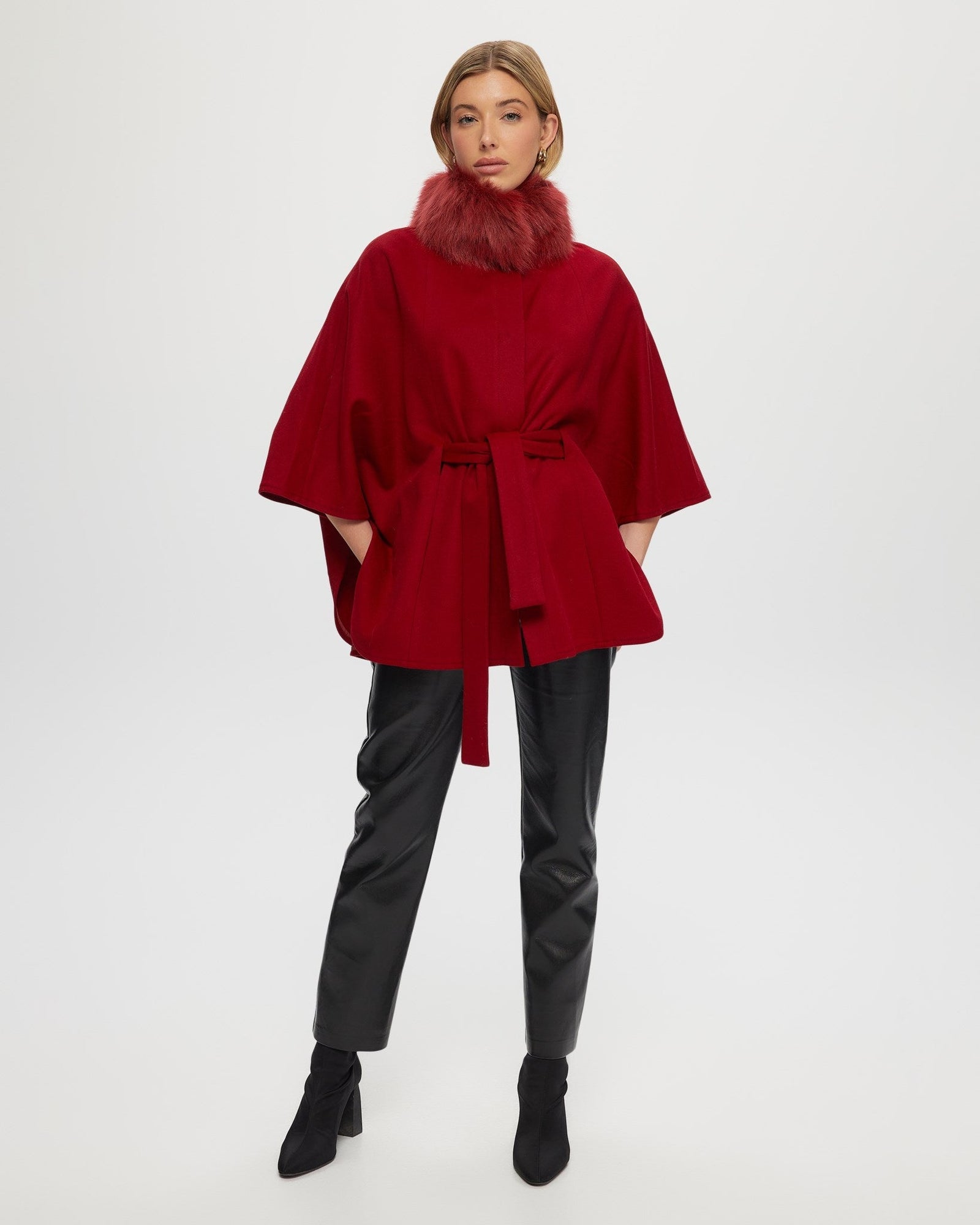 Select Wool Belted Cape with Select Lamb Collar | Wine