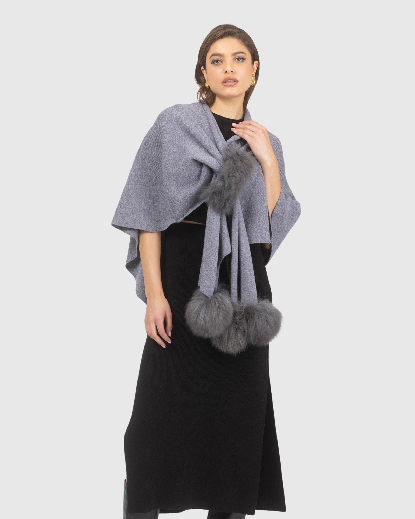 Select Wool Capelet With Select Lamb Poms | Gray