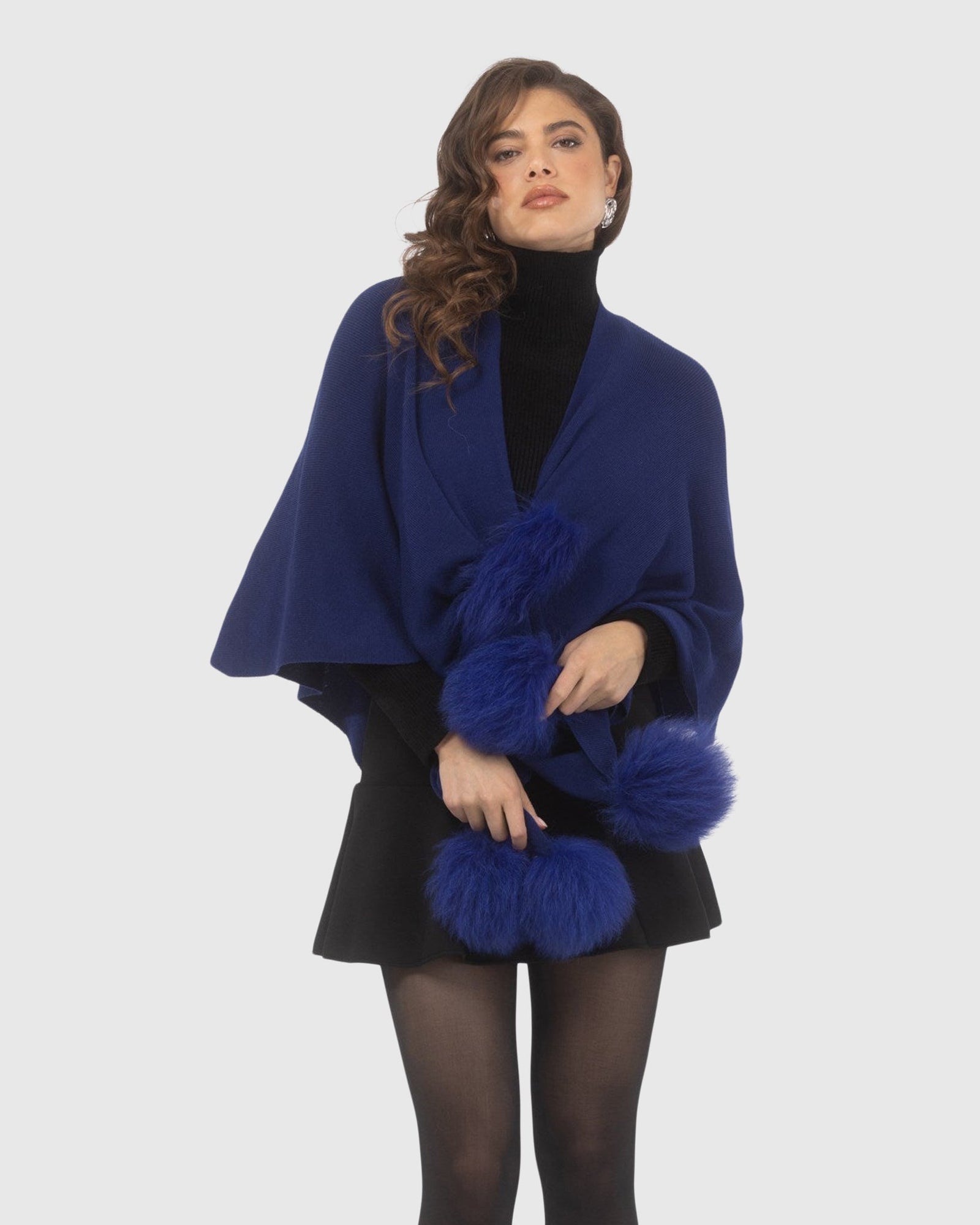 Select Wool Capelet With Select Lamb Poms | Cobalt Blue