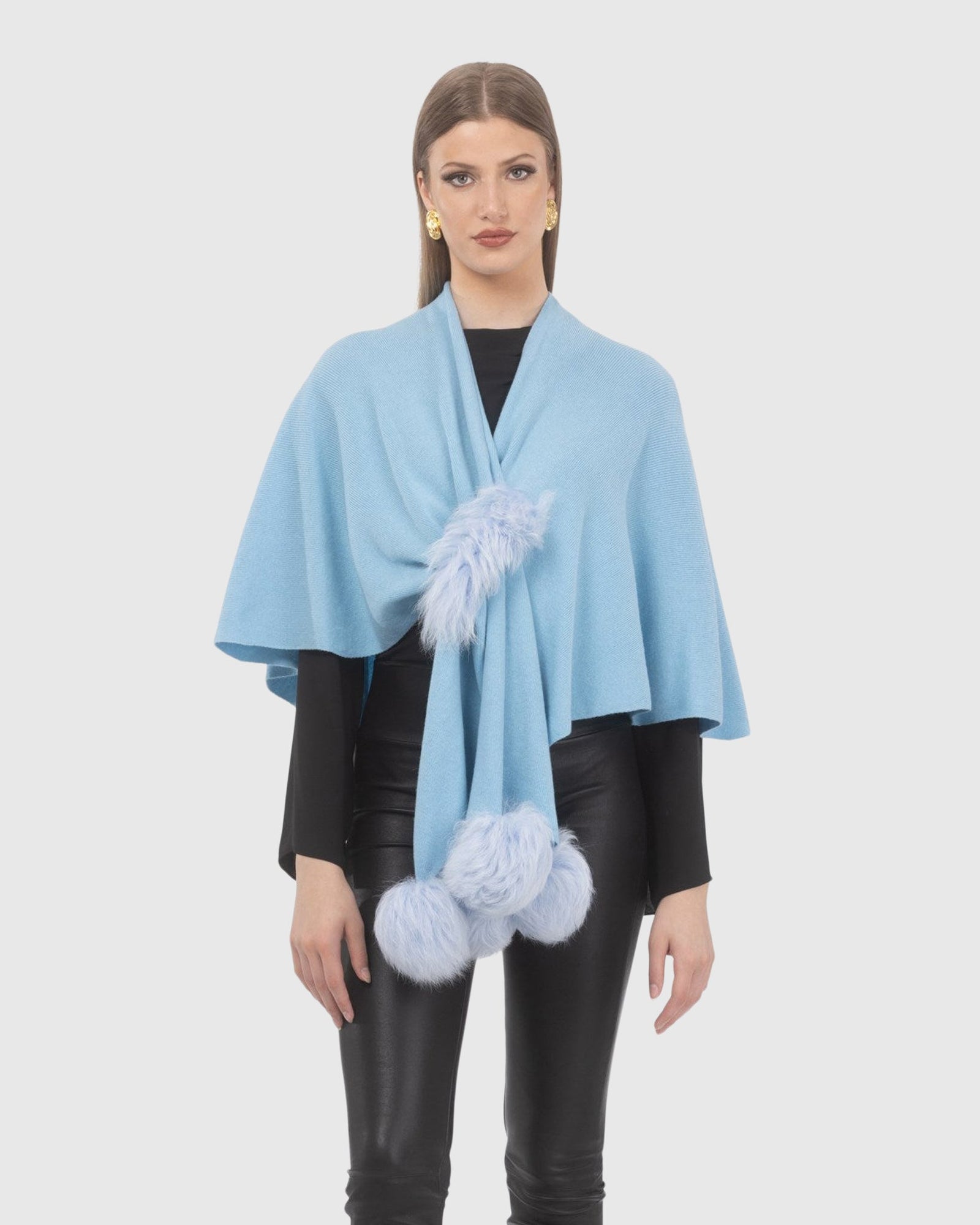 Select Wool Capelet With Select Lamb Poms | Light Blue
