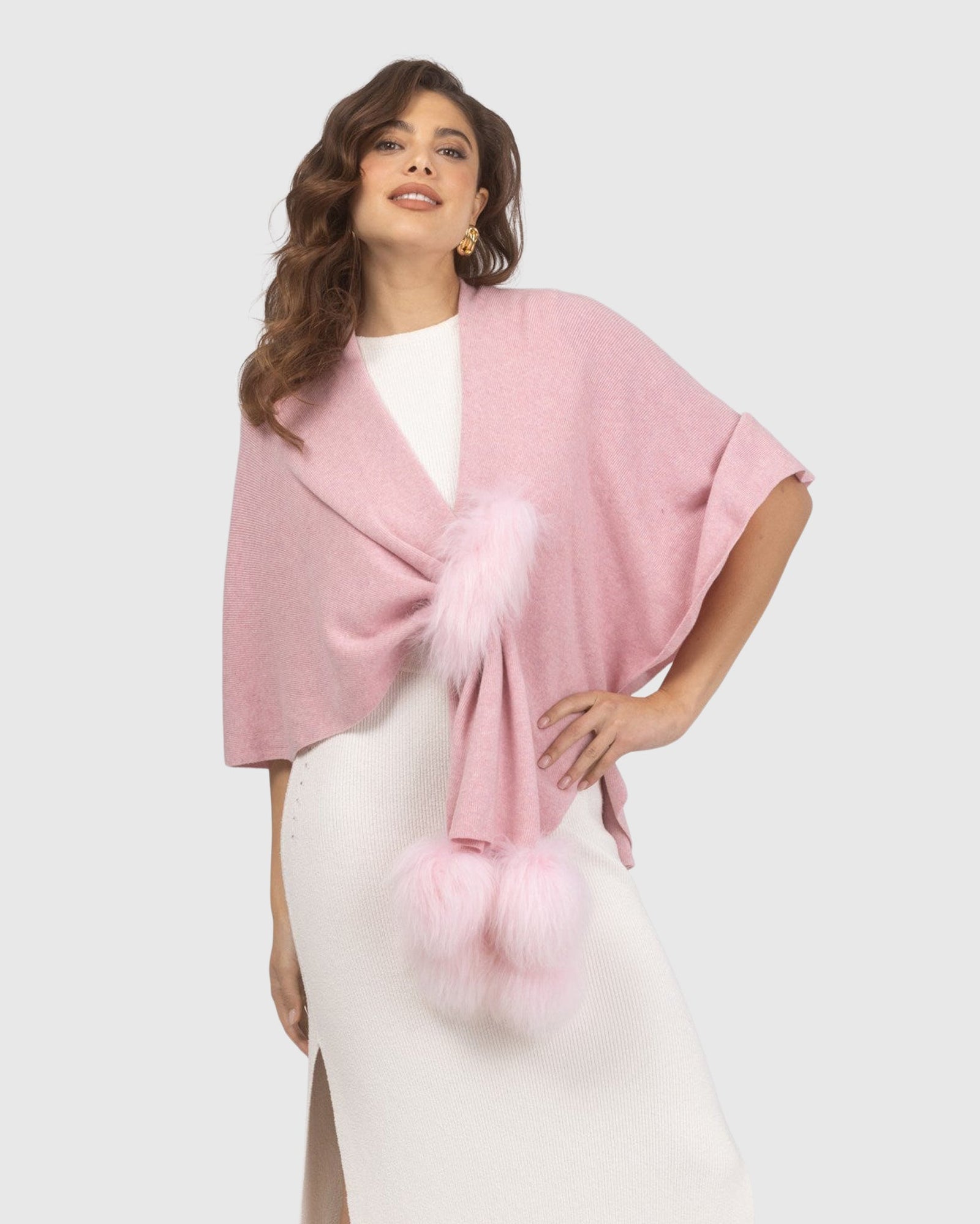 Select Wool Capelet With Select Lamb Poms | Light Pink
