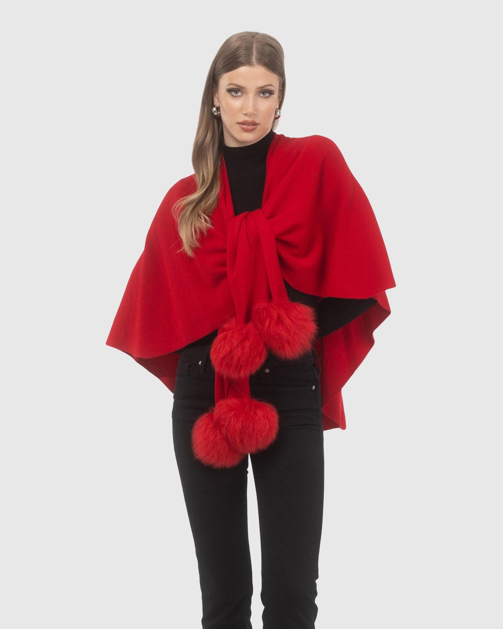 Select Wool Capelet With Select Lamb Poms | Red