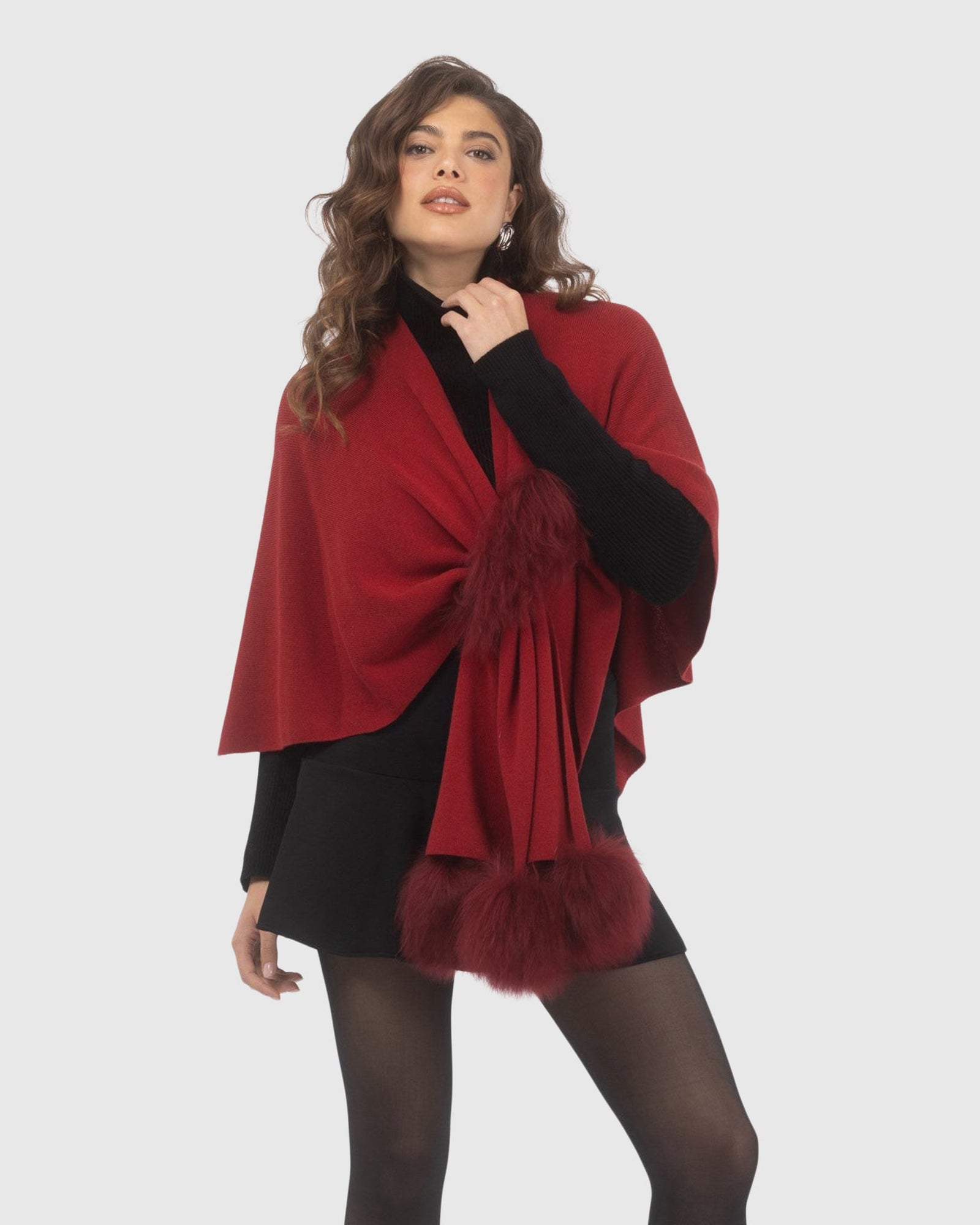 Select Wool Capelet With Select Lamb Poms | Wine