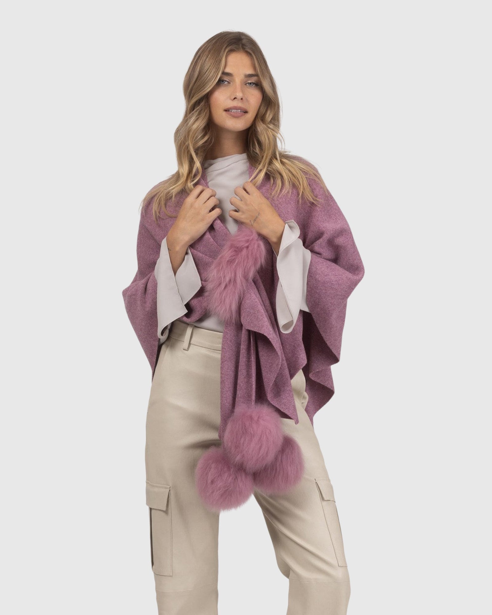 Select Wool Capelet With Select Lamb Poms | Mauve
