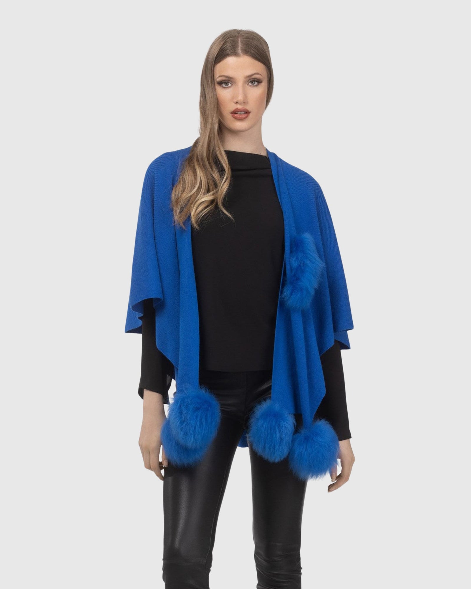 Select Wool Capelet With Select Lamb Poms | Blue
