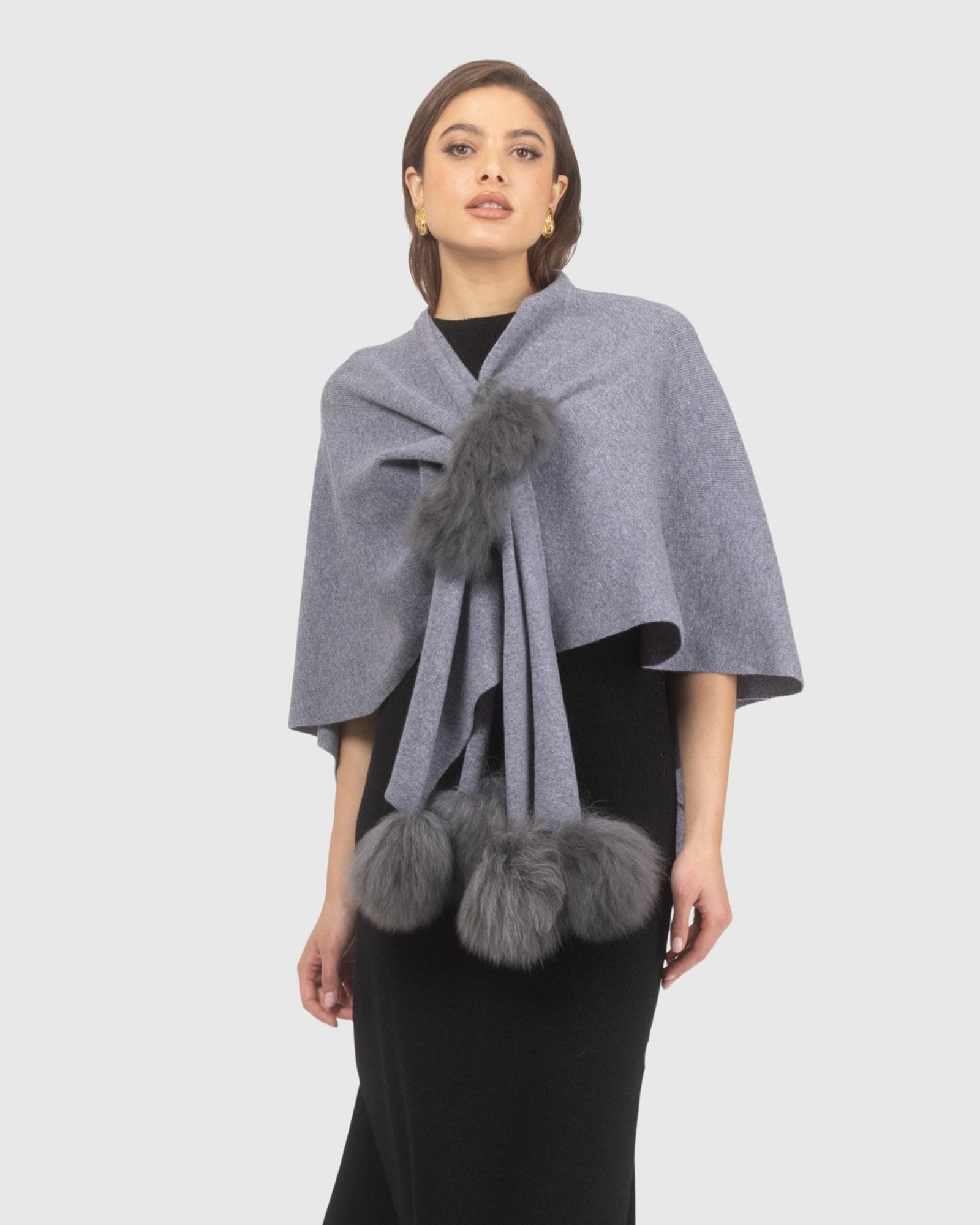 Select Wool Capelet With Select Lamb Poms | Gray