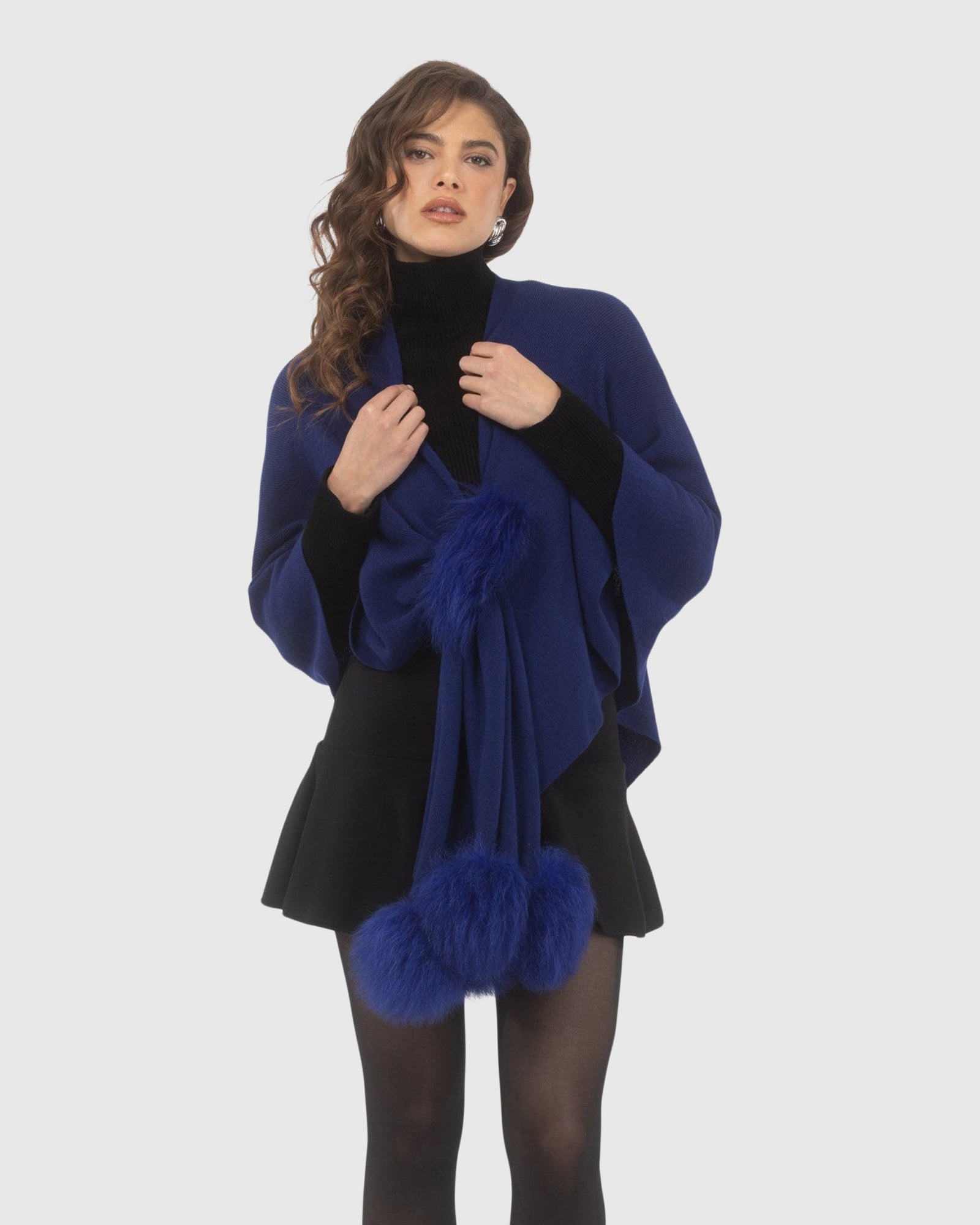 Select Wool Capelet With Select Lamb Poms | Cobalt Blue