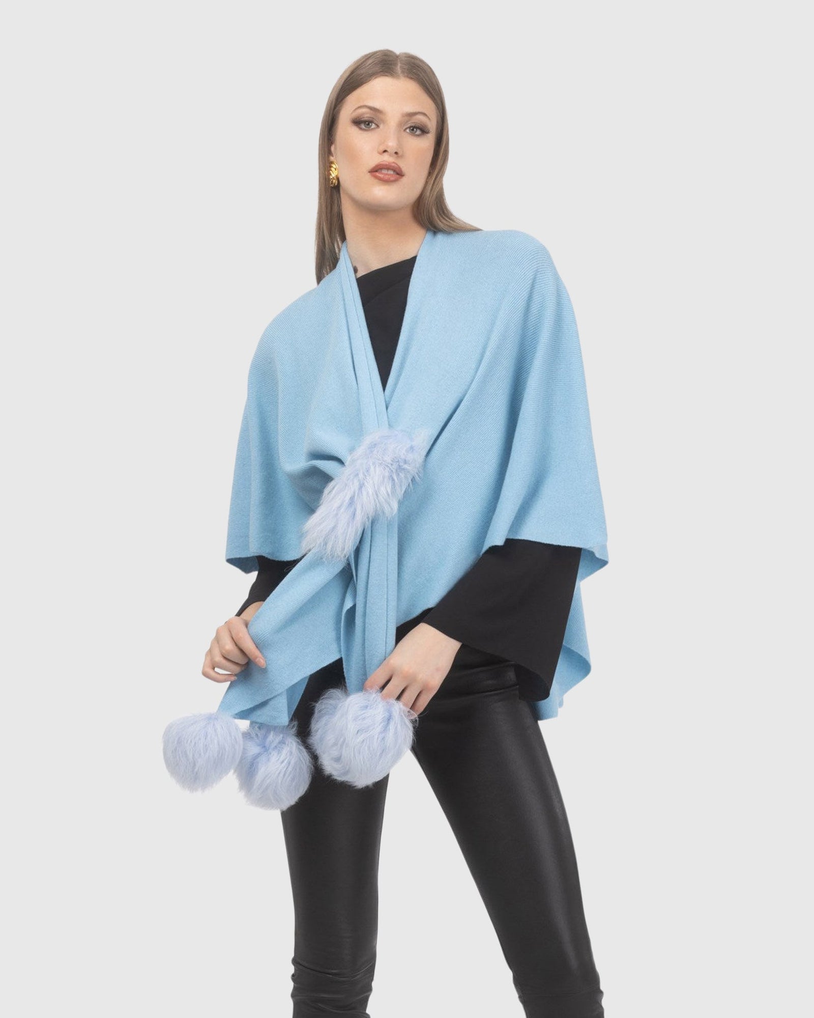 Select Wool Capelet With Select Lamb Poms | Light Blue
