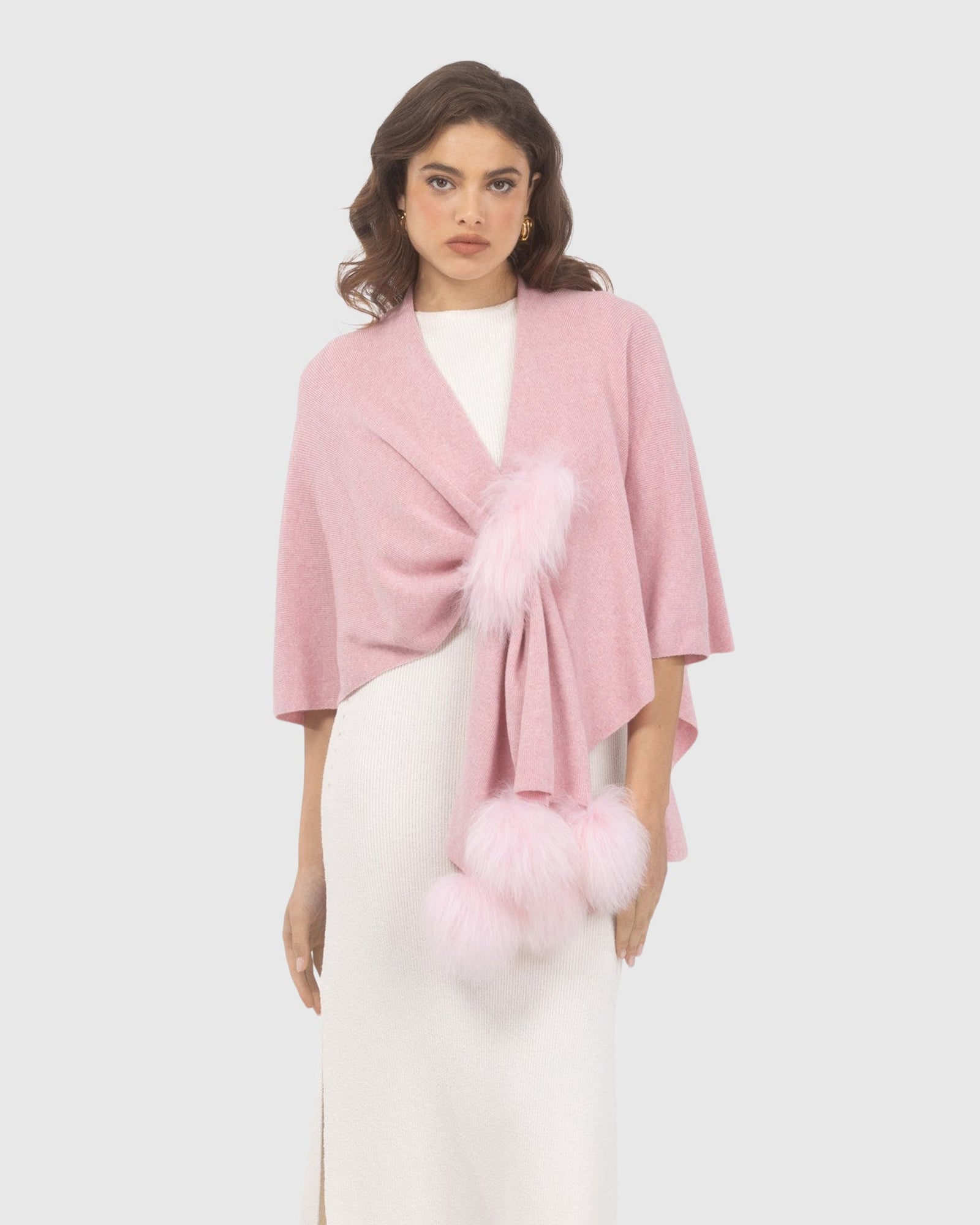 Select Wool Capelet With Select Lamb Poms | Light Pink
