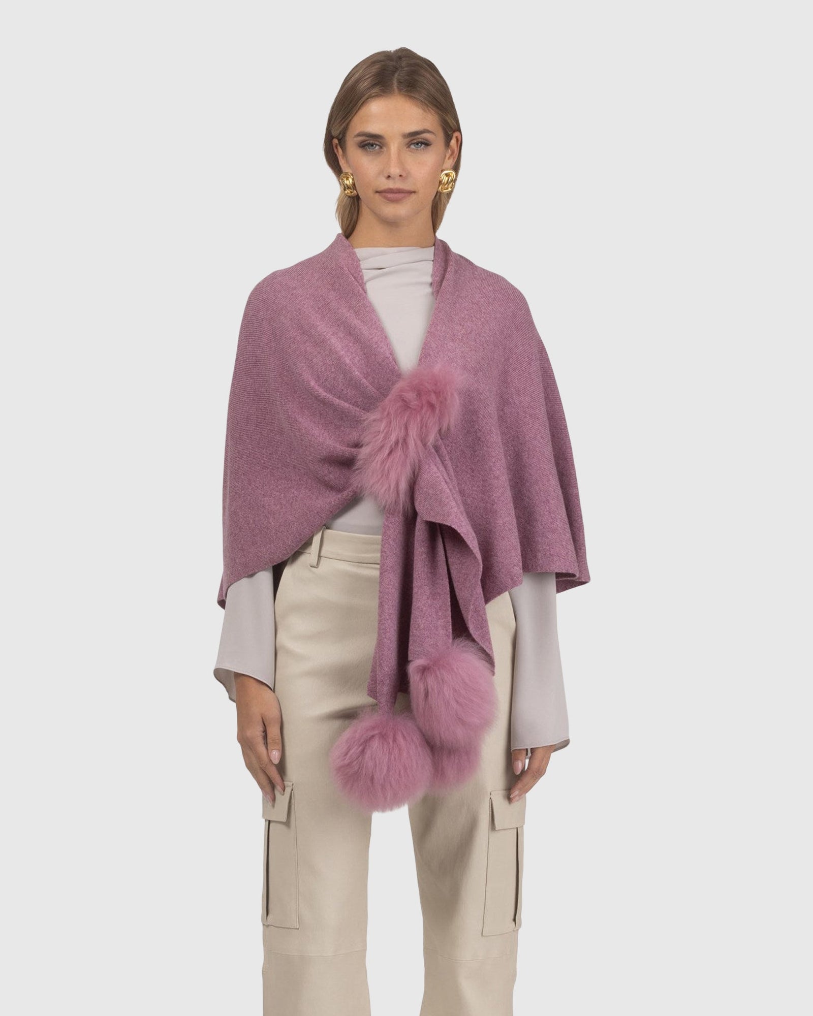 Select Wool Capelet With Select Lamb Poms | Mauve