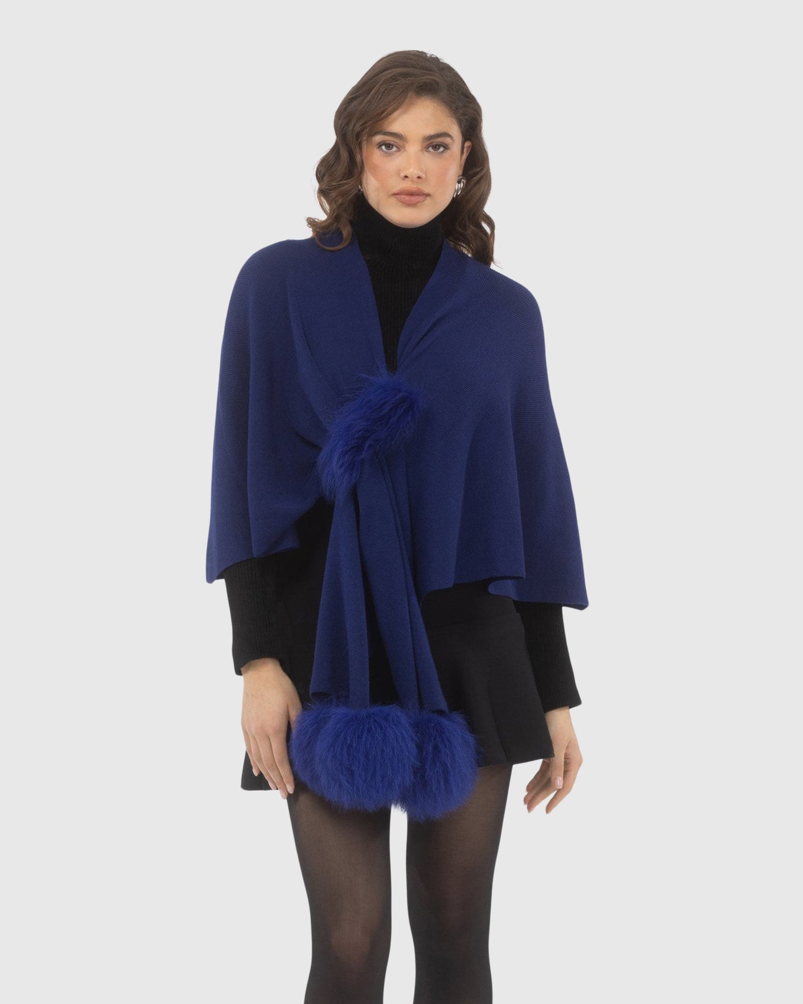 Select Wool Capelet With Select Lamb Poms | Cobalt Blue
