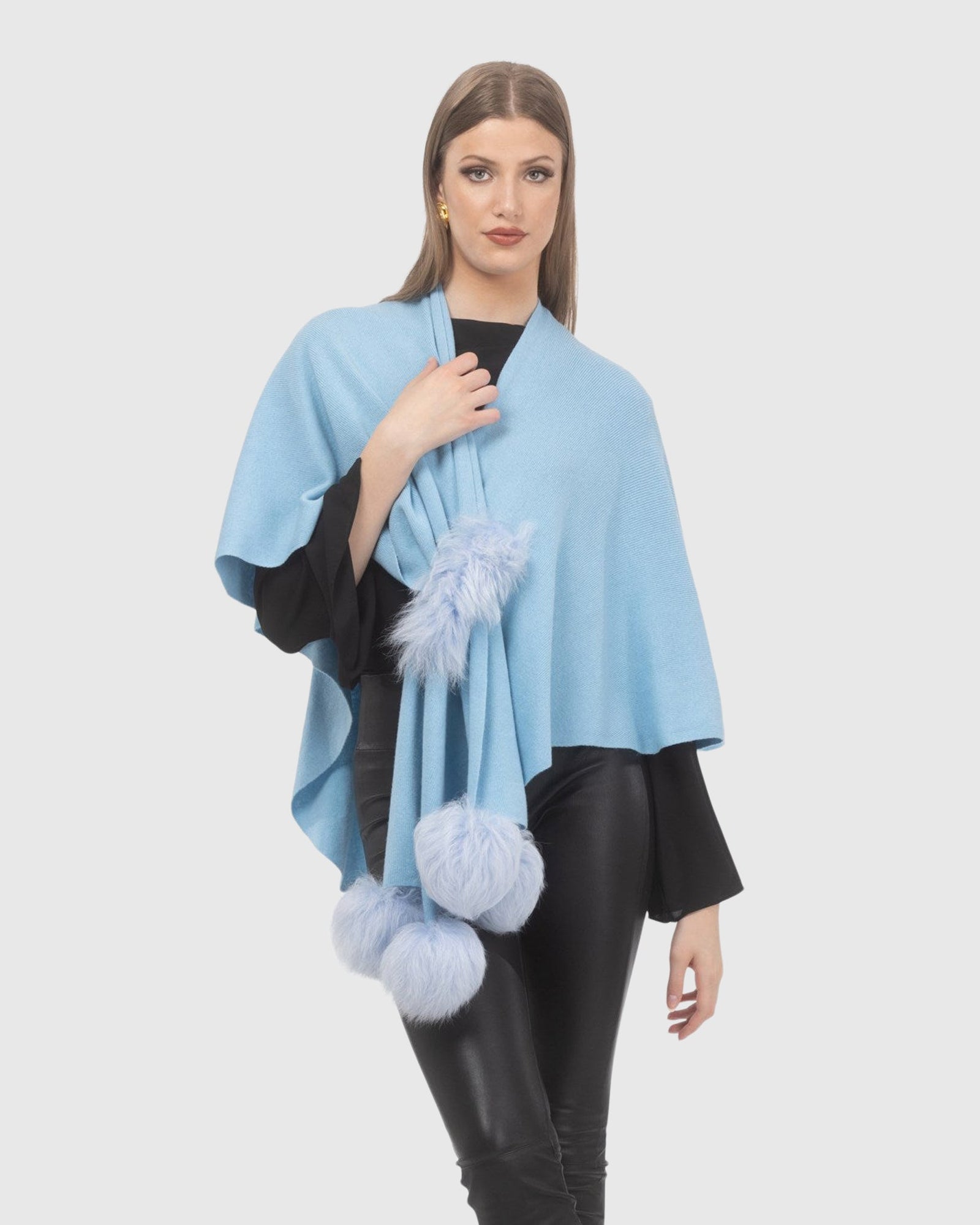 Select Wool Capelet With Select Lamb Poms | Light Blue
