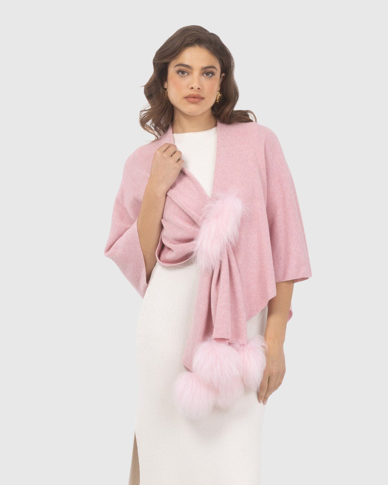 Select Wool Capelet With Select Lamb Poms | Light Pink