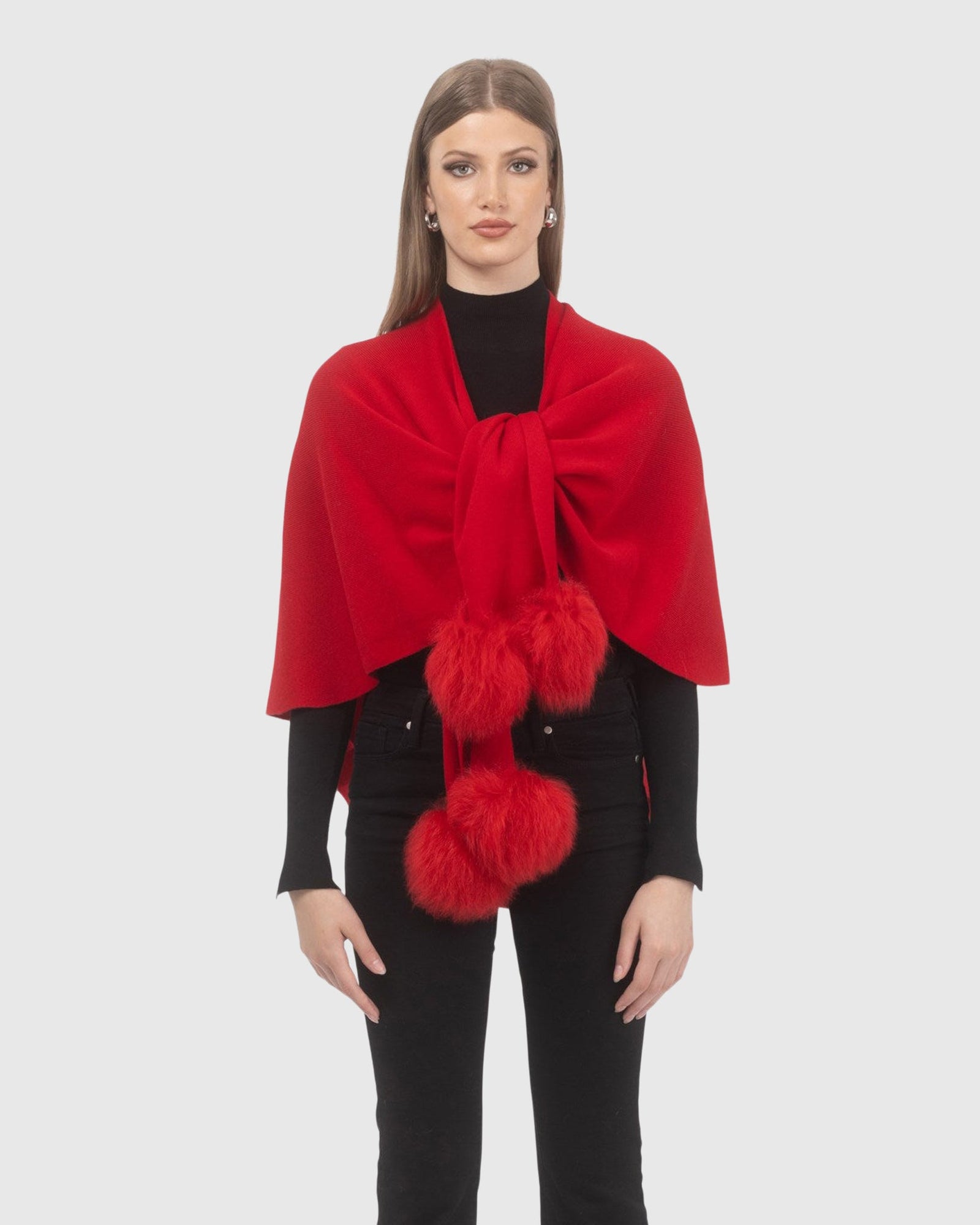 Select Wool Capelet With Select Lamb Poms | Red