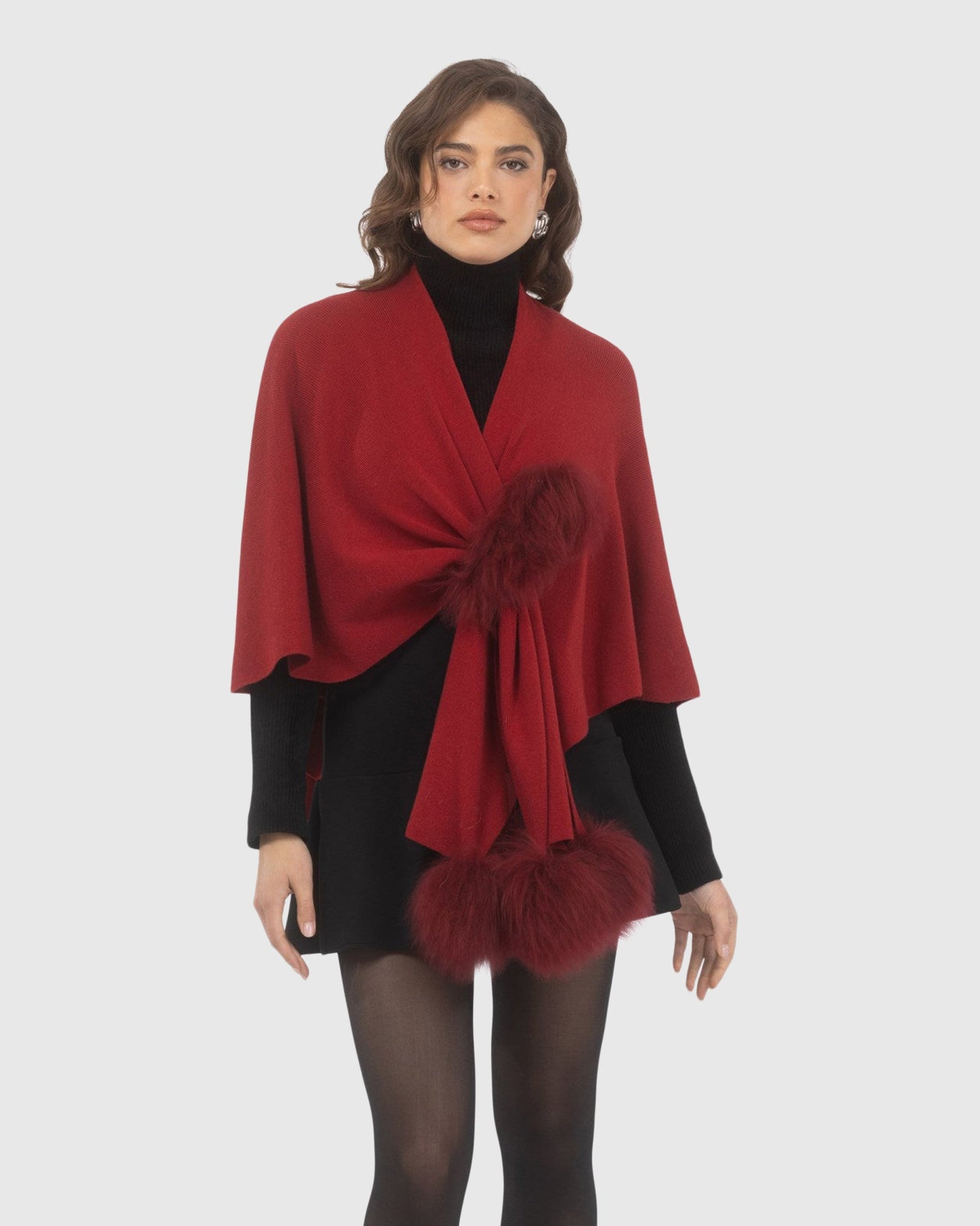 Select Wool Capelet With Select Lamb Poms | Wine