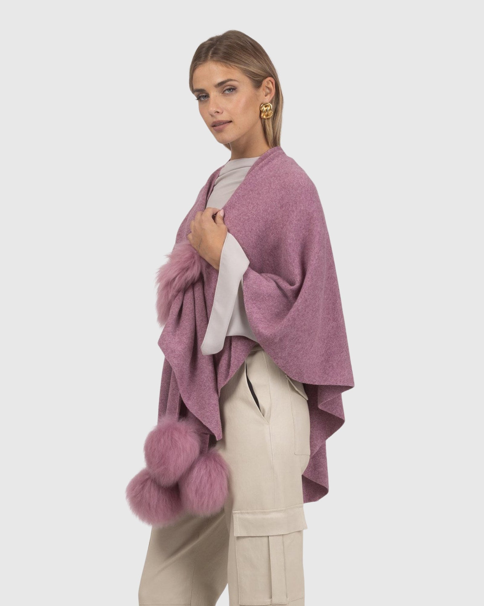 Select Wool Capelet With Select Lamb Poms | Mauve