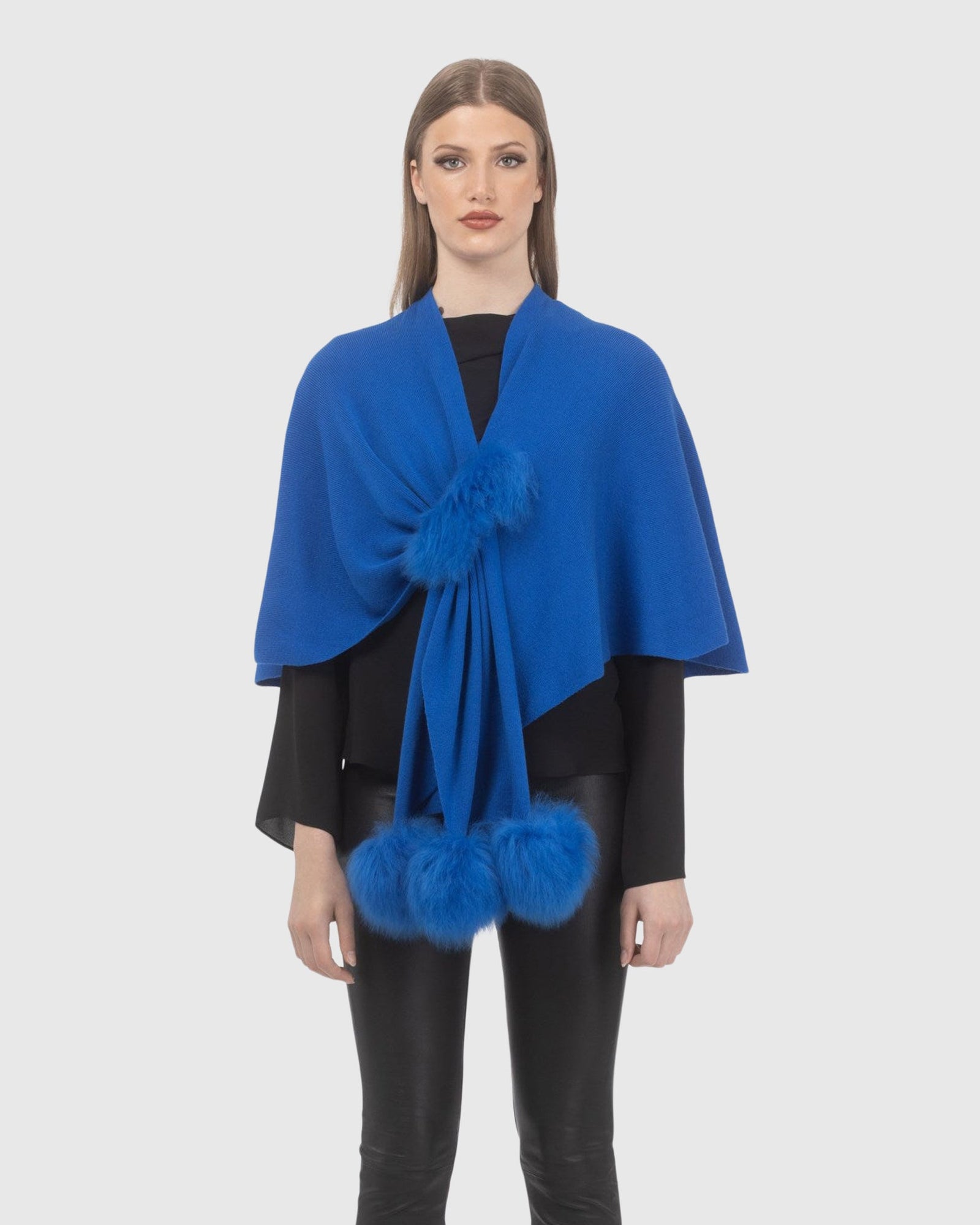 Select Wool Capelet With Select Lamb Poms | Blue