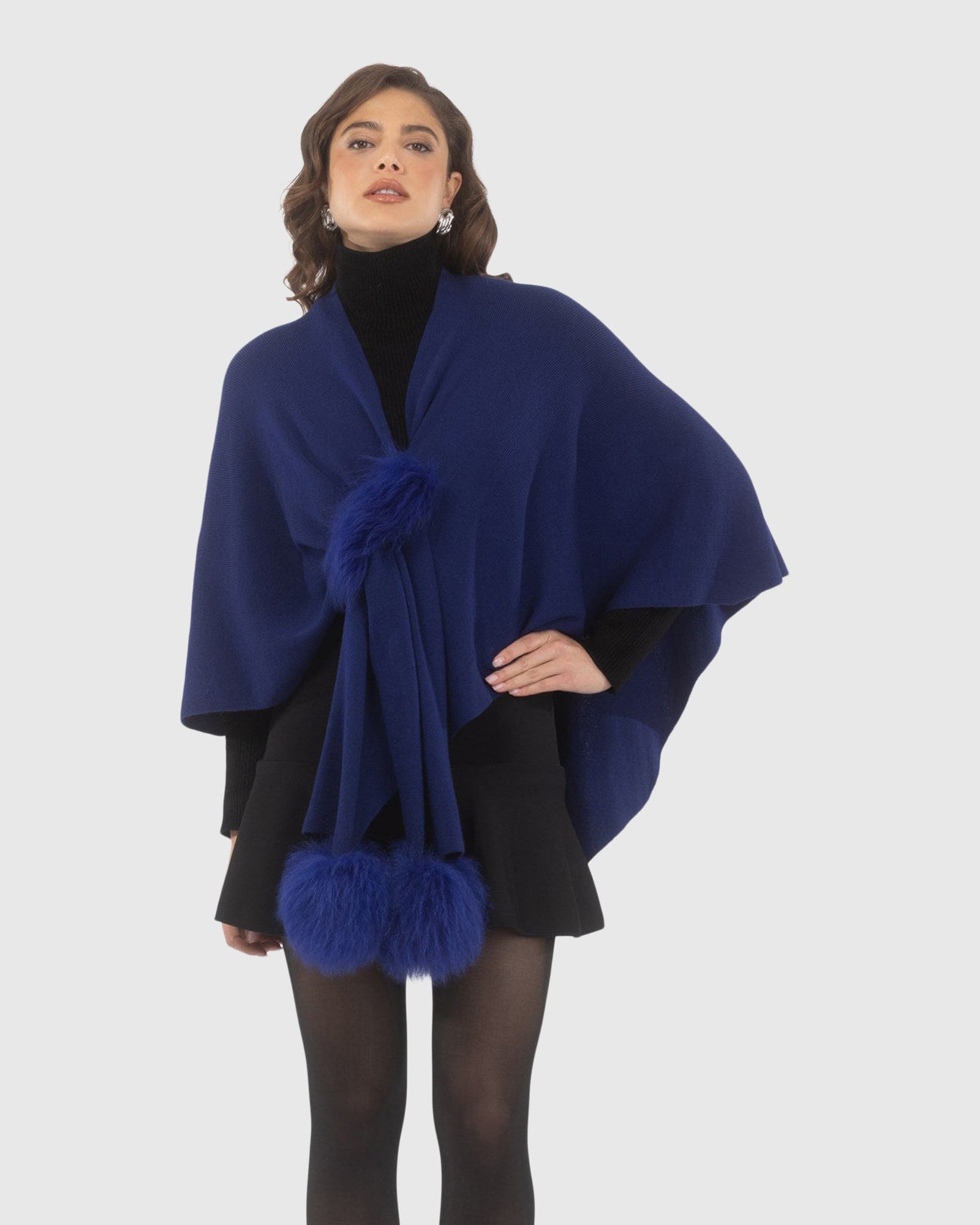 Select Wool Capelet With Select Lamb Poms | Cobalt Blue