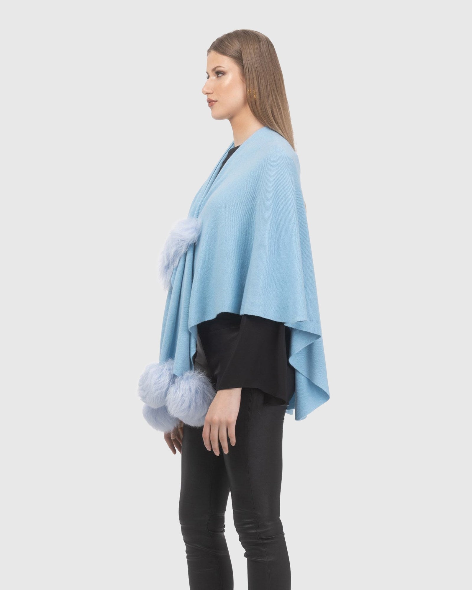 Select Wool Capelet With Select Lamb Poms | Light Blue