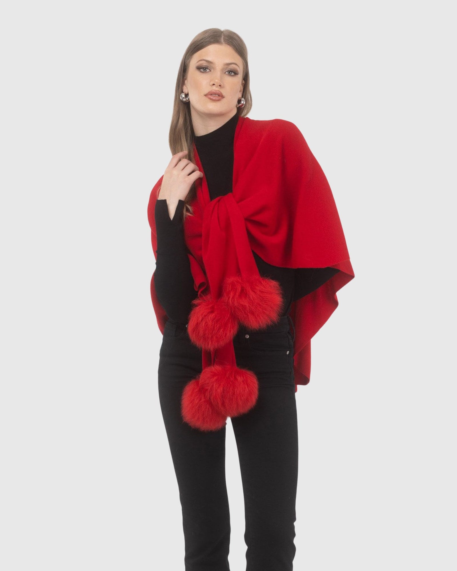 Select Wool Capelet With Select Lamb Poms | Red
