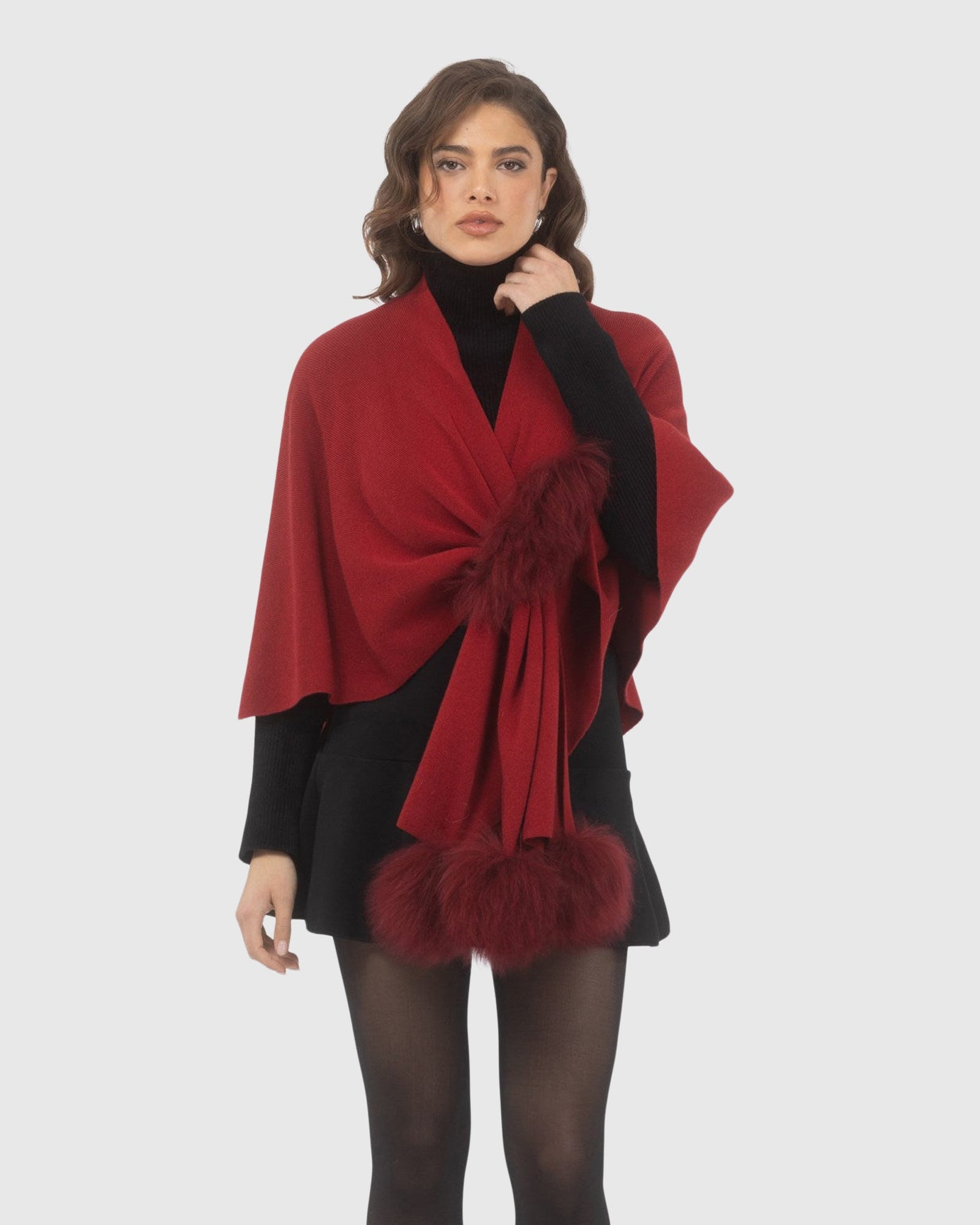Select Wool Capelet With Select Lamb Poms | Wine