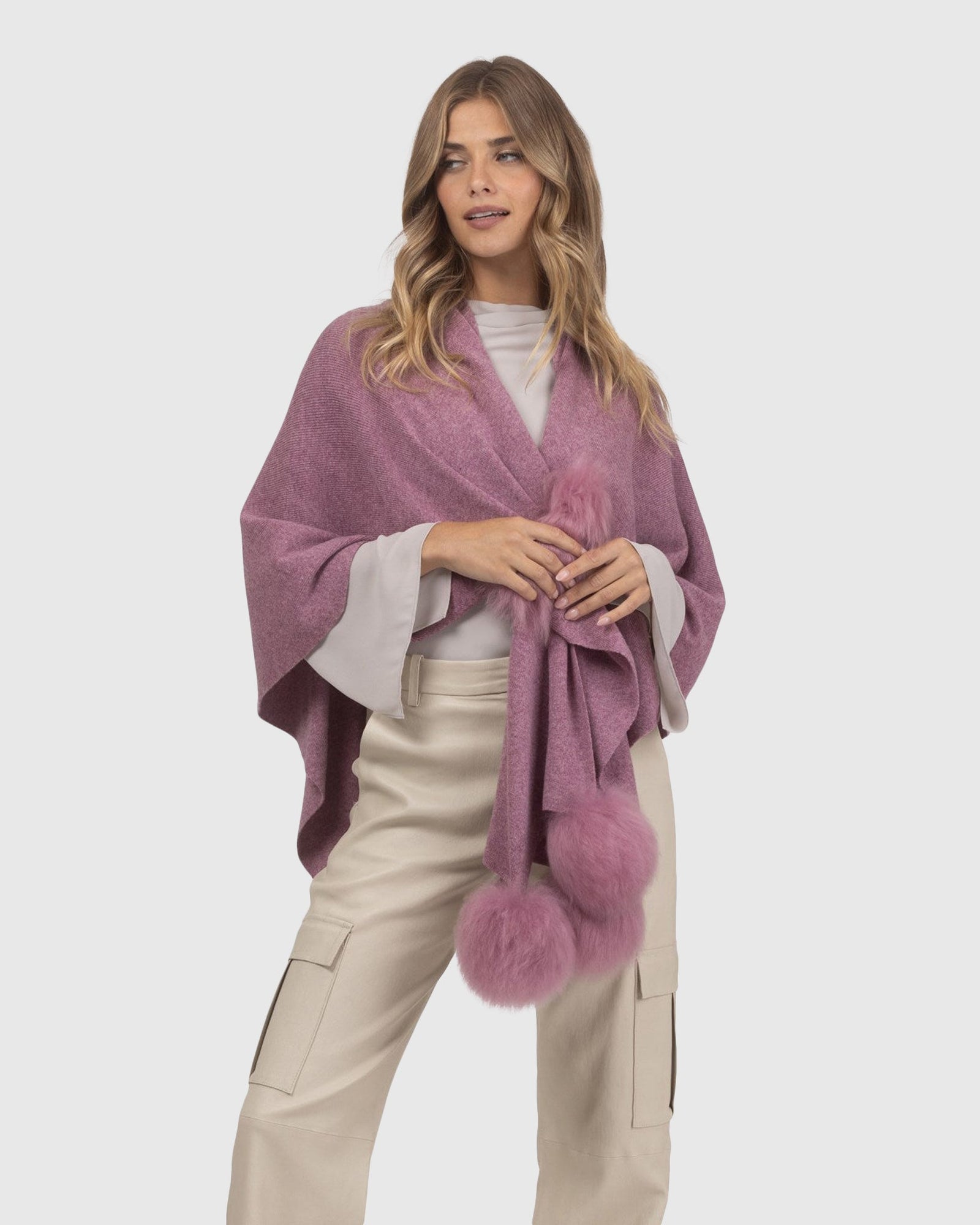 Select Wool Capelet With Select Lamb Poms | Mauve