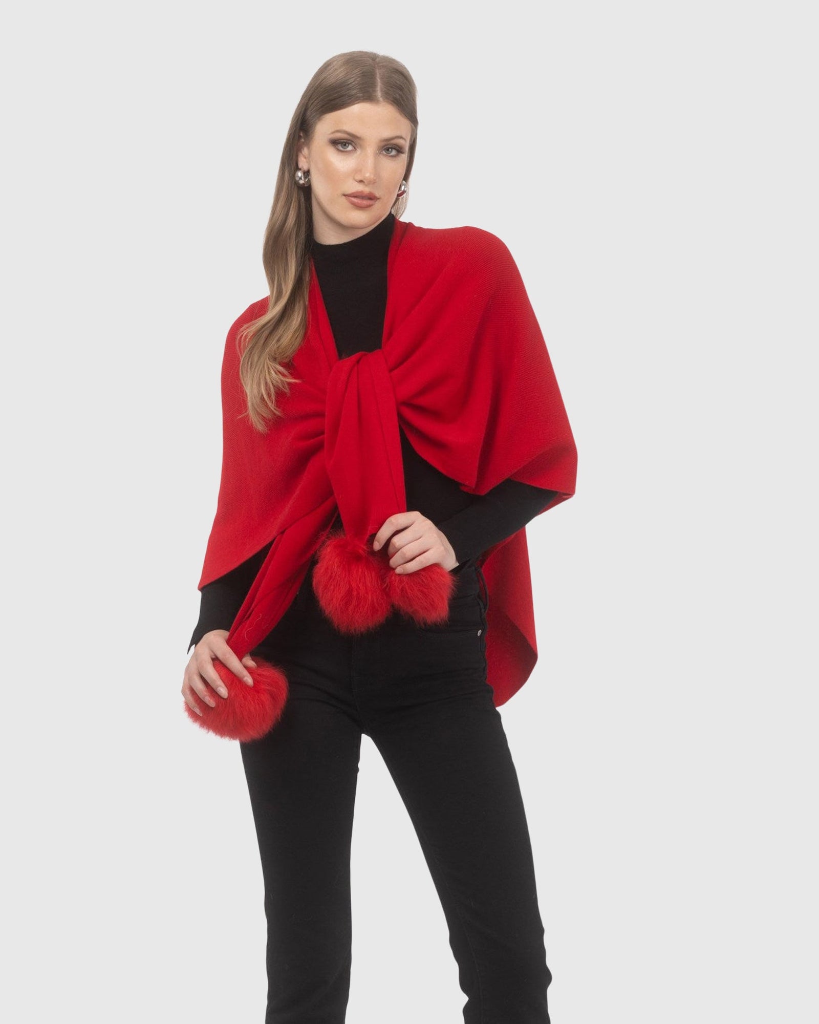 Select Wool Capelet With Select Lamb Poms | Red