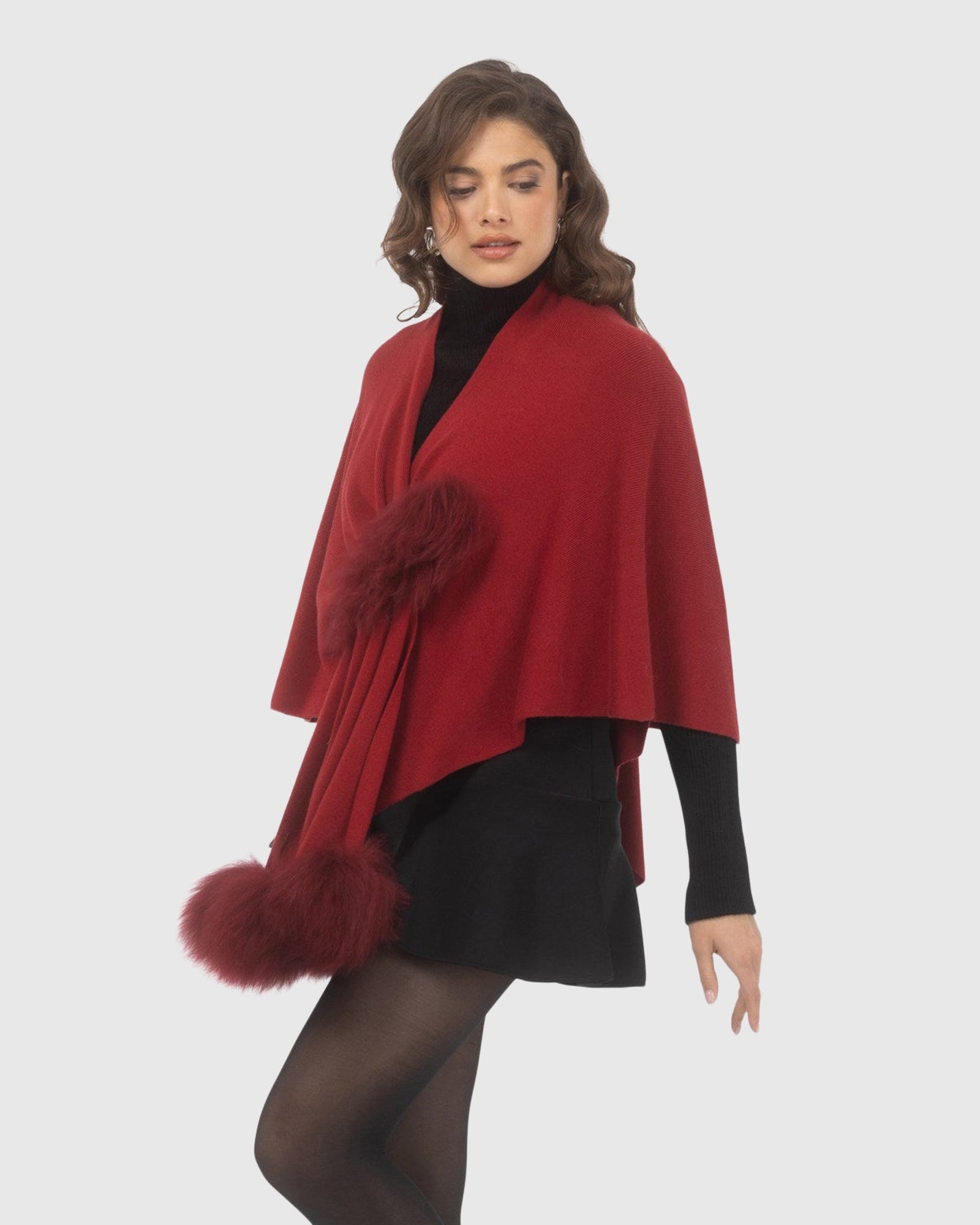 Select Wool Capelet With Select Lamb Poms | Wine
