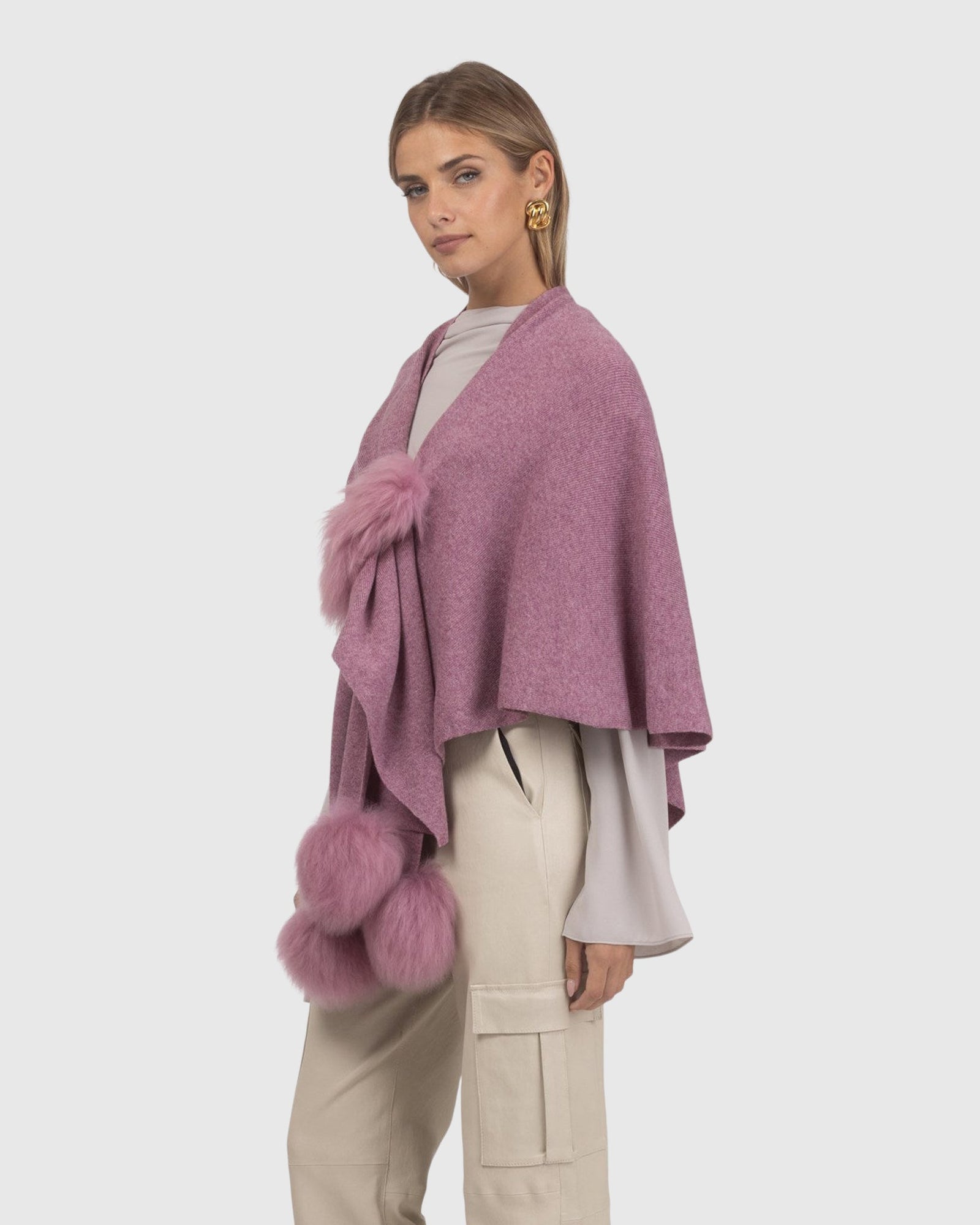 Select Wool Capelet With Select Lamb Poms | Mauve