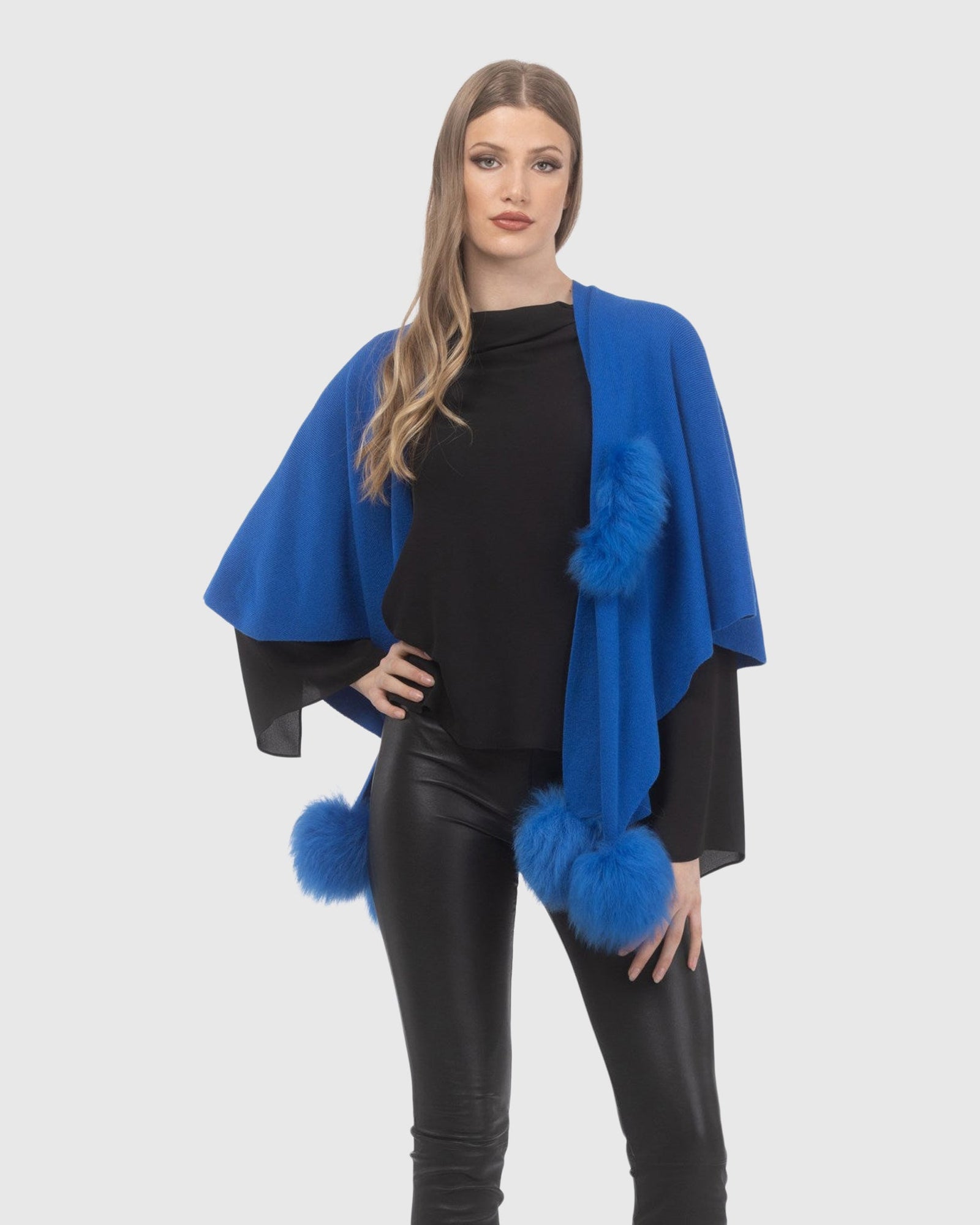 Select Wool Capelet With Select Lamb Poms | Blue