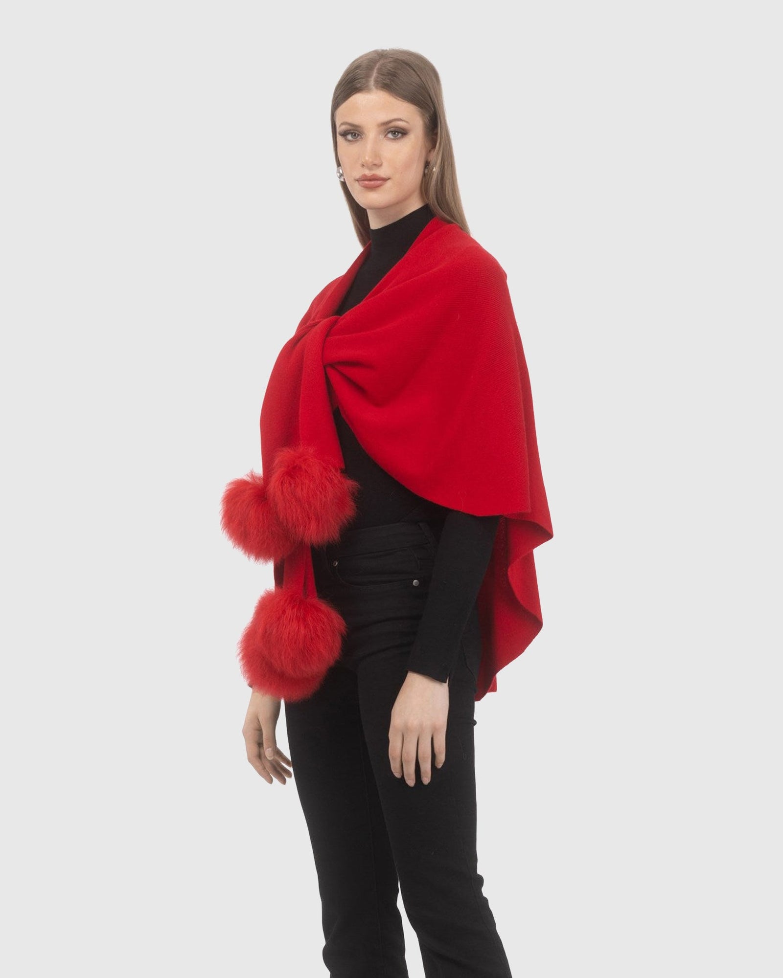 Select Wool Capelet With Select Lamb Poms | Red
