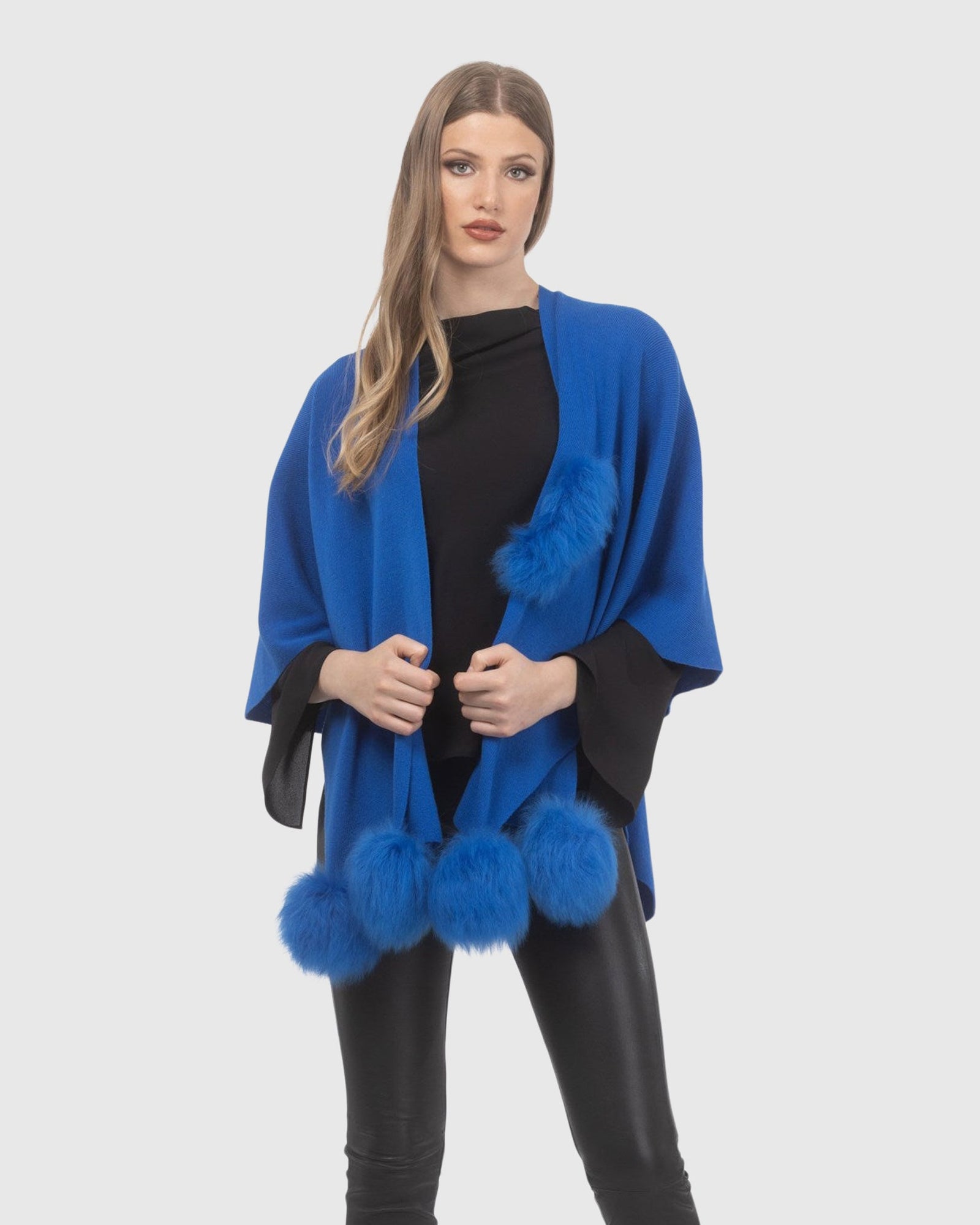 Select Wool Capelet With Select Lamb Poms | Blue