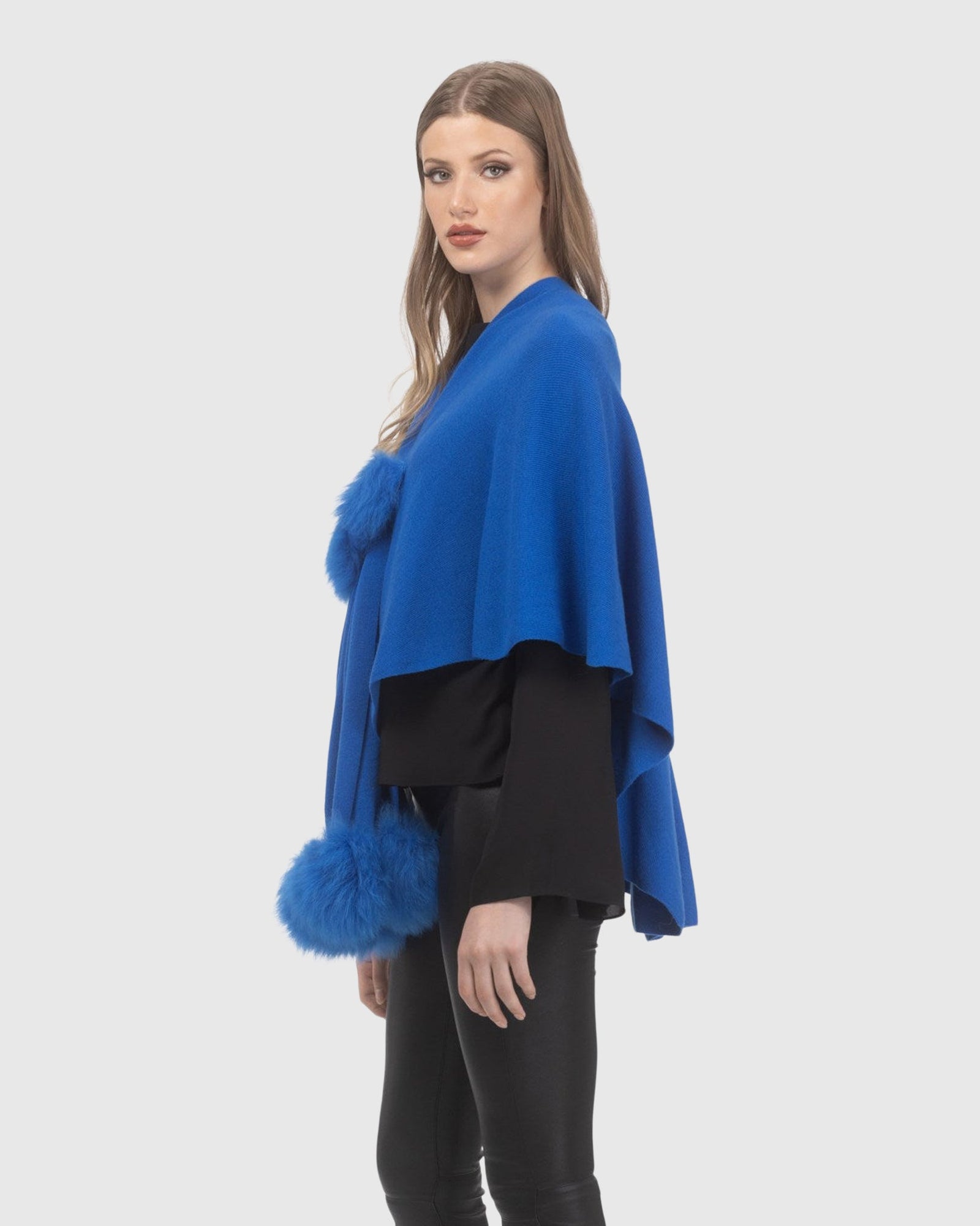 Select Wool Capelet With Select Lamb Poms | Blue