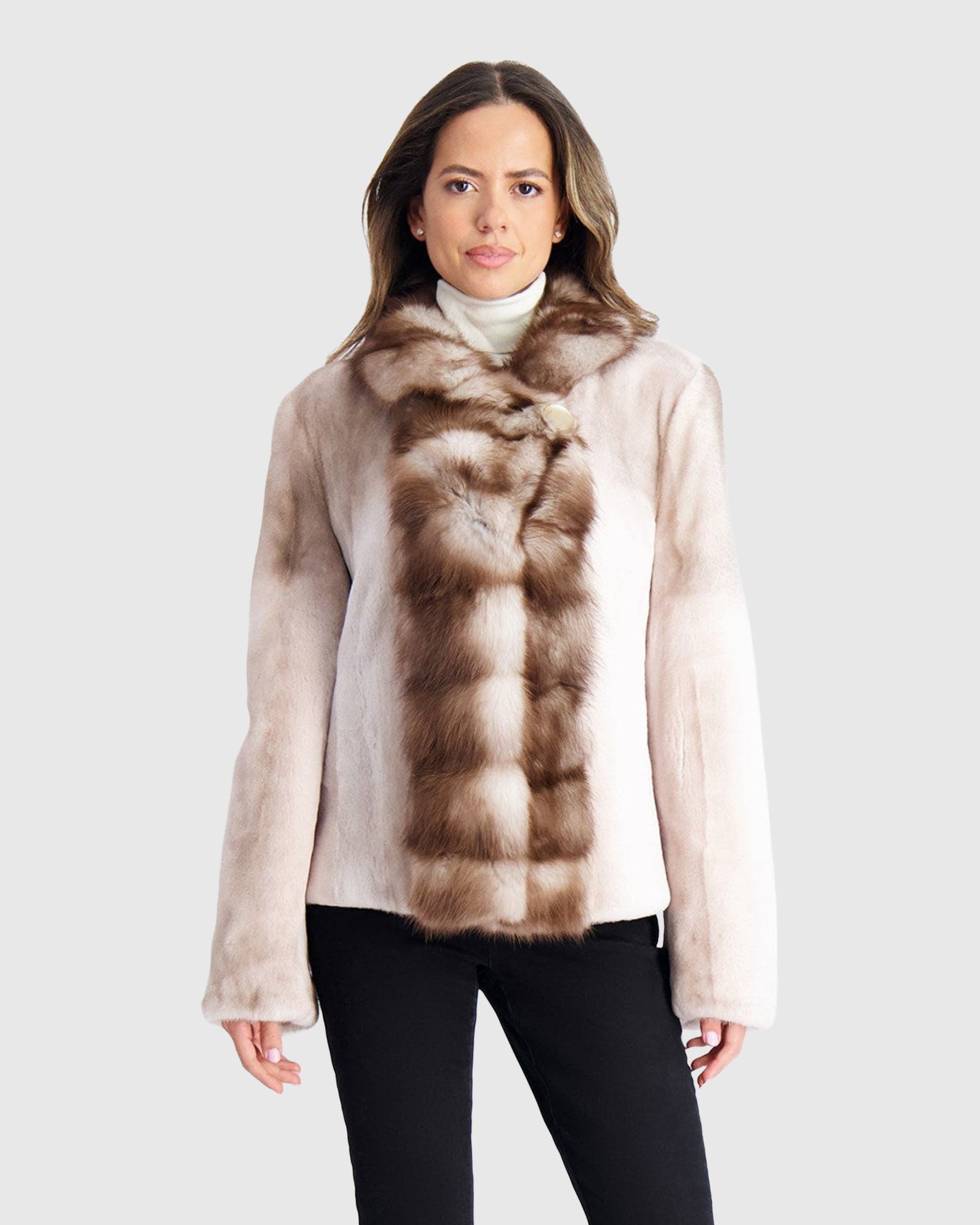 Semi Sheared Mink Jacket With Stone Marten Collar & Trim | Silver Blue/White