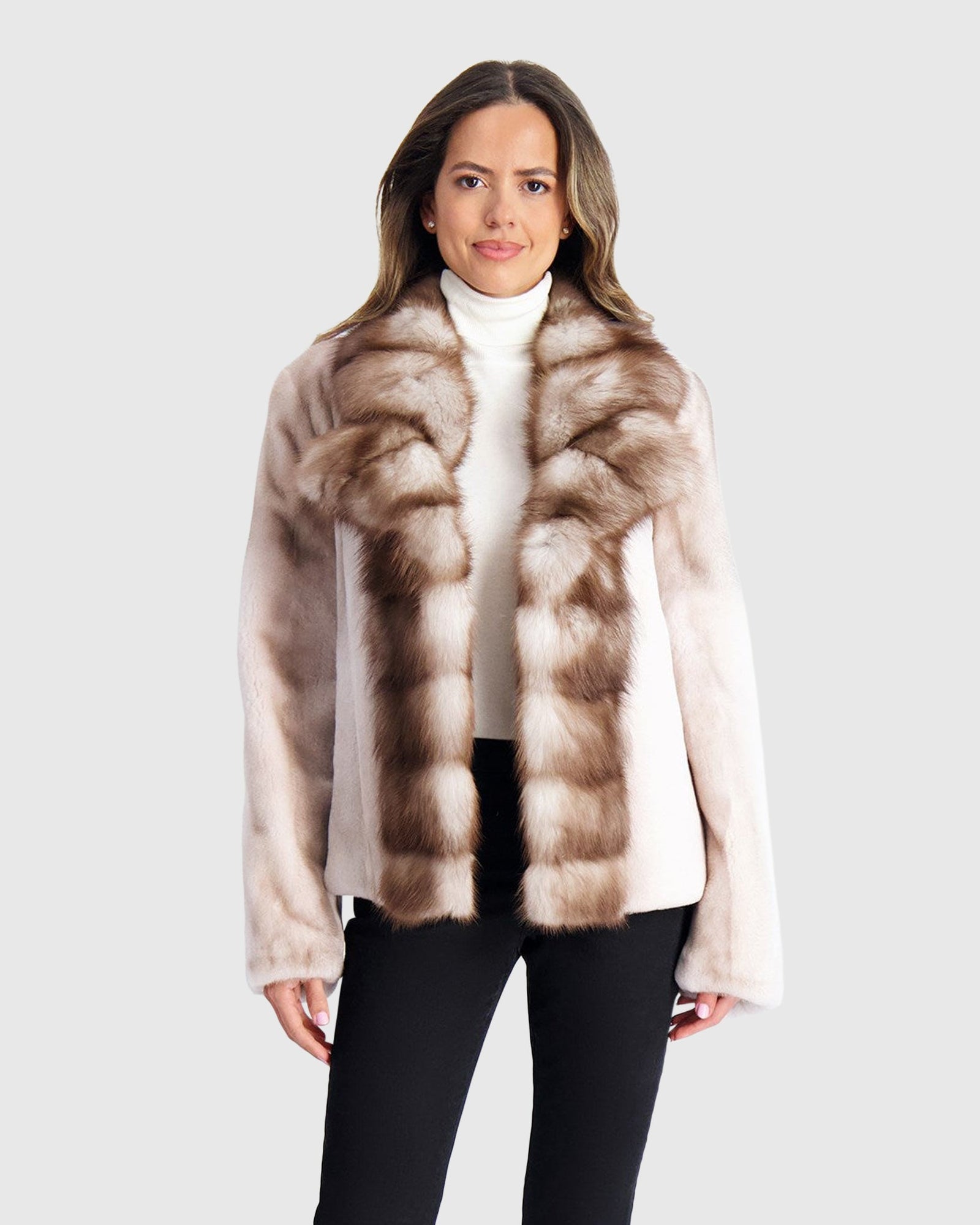 Semi Sheared Mink Jacket With Stone Marten Collar & Trim | Silver Blue/White