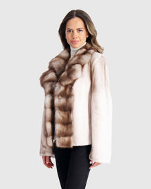 Semi Sheared Mink Jacket With Stone Marten Collar & Trim | Silver Blue/White