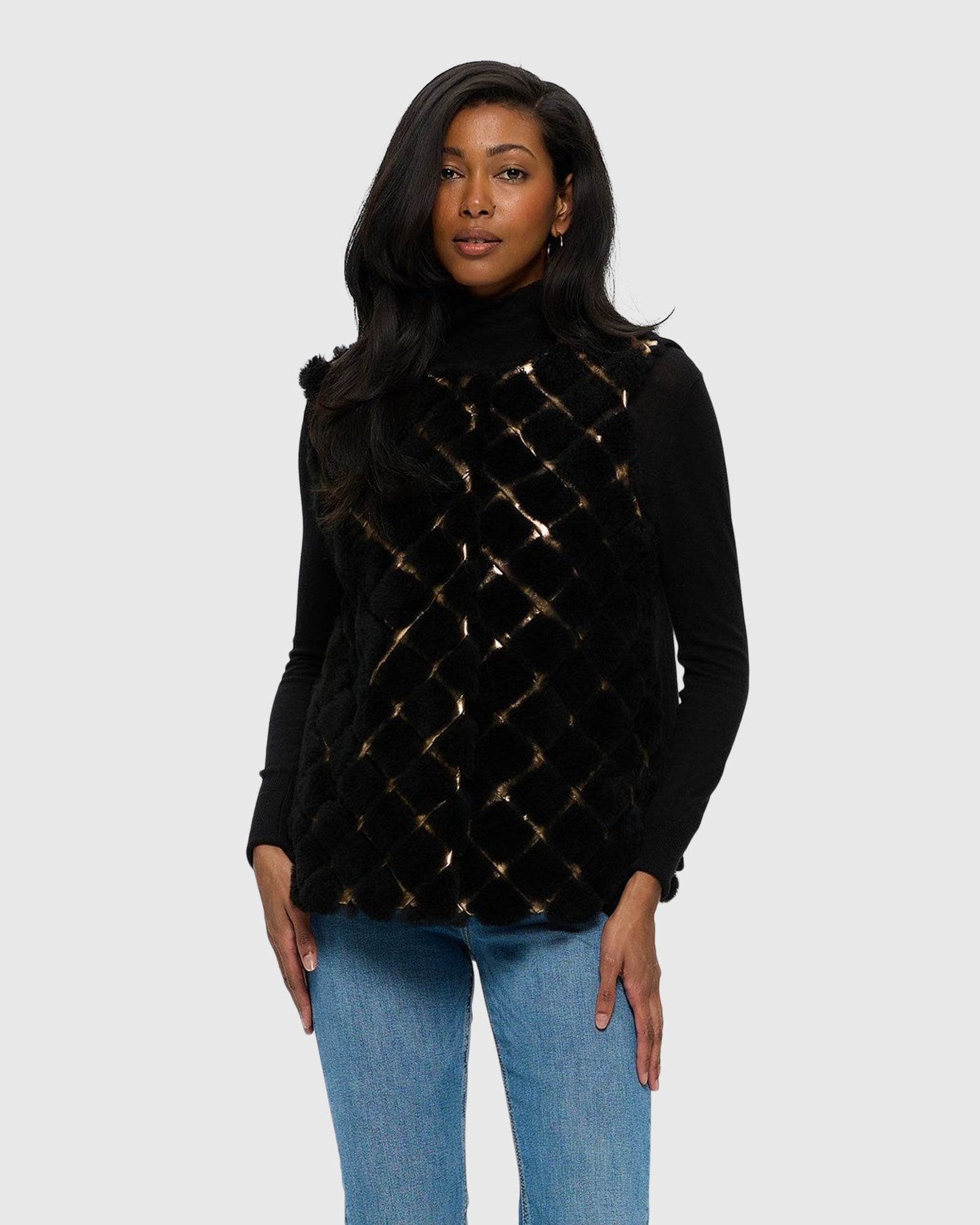 Sheared Cashmere Goat Collarless Vest With Leather Inserts And Cashmere Back | Black/Gold