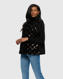 Sheared Cashmere Goat Collarless Vest With Leather Inserts And Cashmere Back | Black/Gold